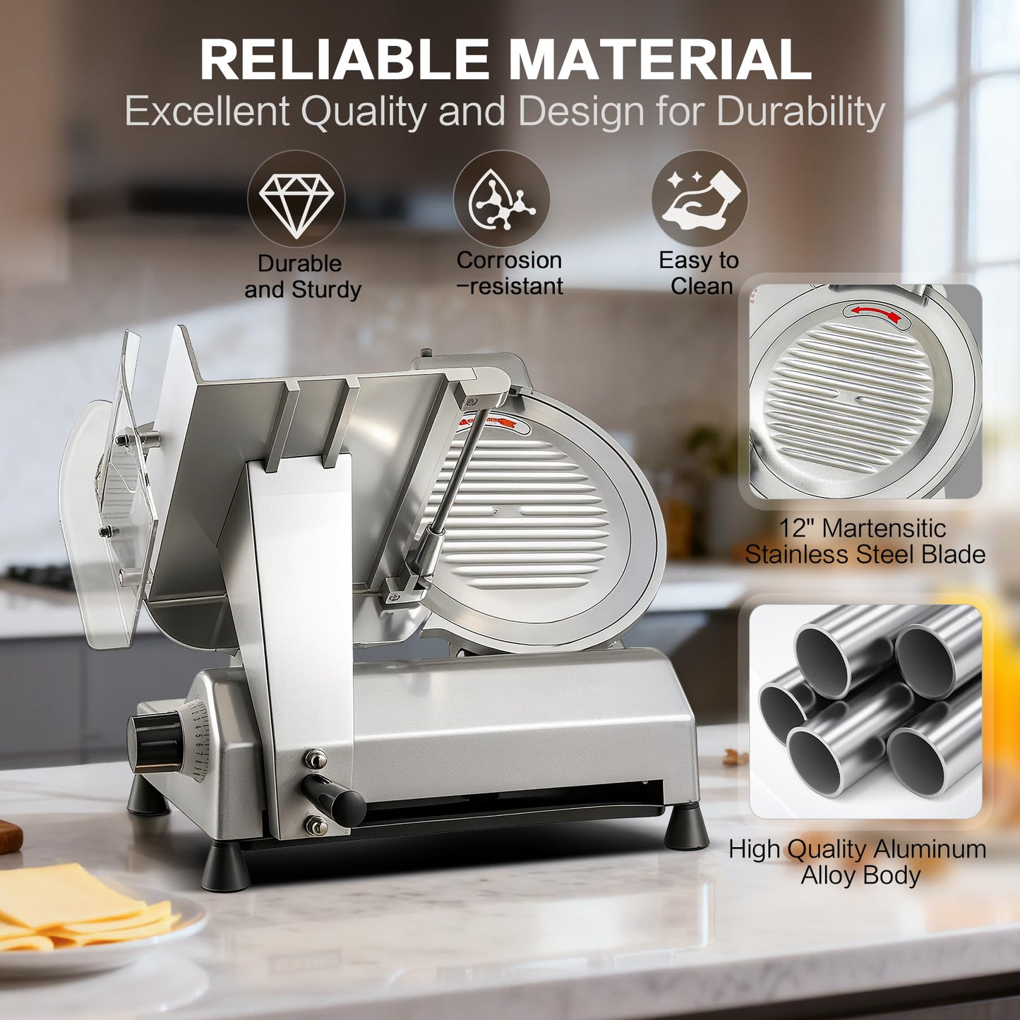Zomagas 12-inch Commercial Meat Slicer, 270W Powerful Food Slicer, 0-18mm Thickness Adjustment, Built-in Sharpener, Suitable for Slicing Meat, Cheese, Vegetables, and More