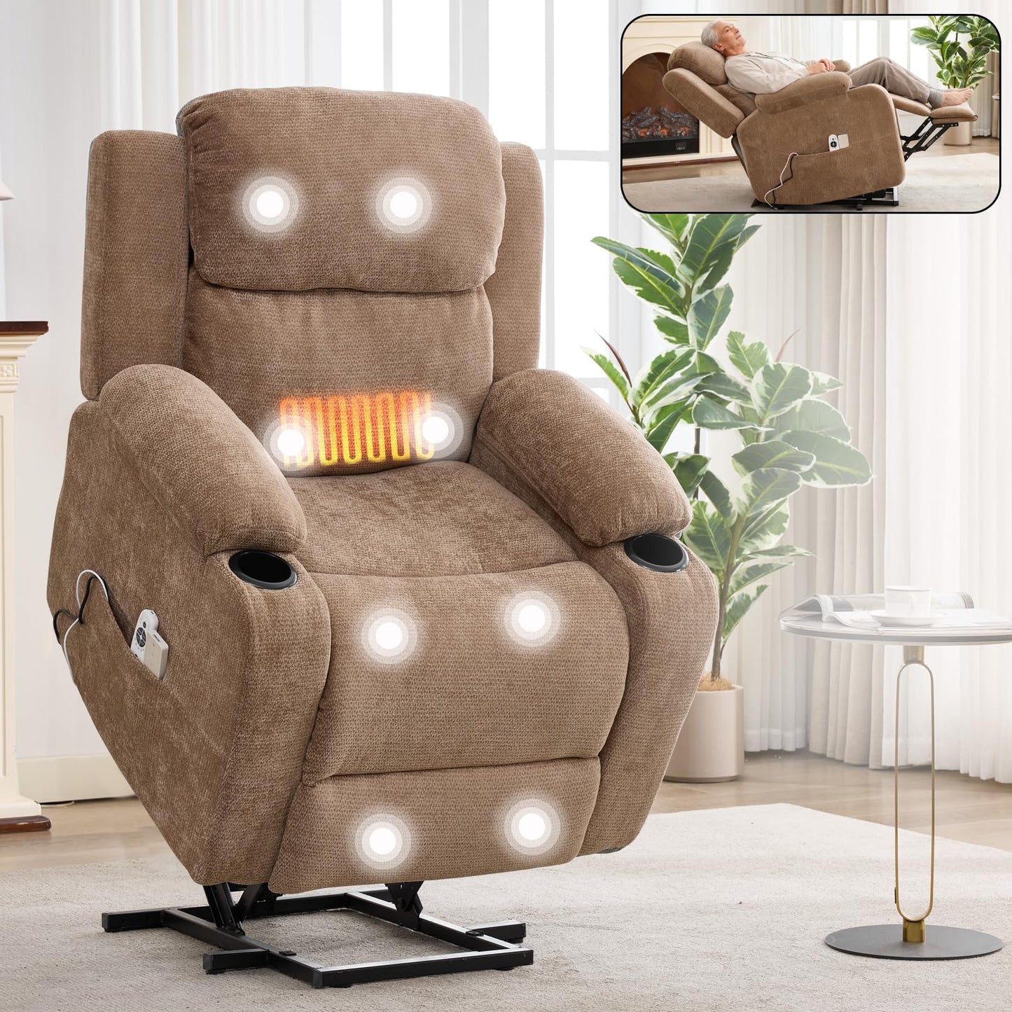 KEIKI Power Lift Recliner Chair for Seniors, Infinite Position Single Motor Lift Chair with Massage and Lumbar Heating, Upholstered Armchair Single Sofa with Cup Holders for Living Room, Brown