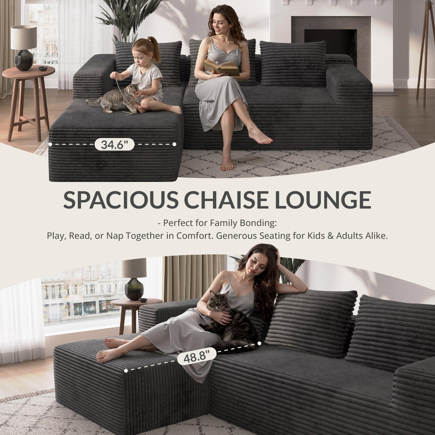 Attalee Modular Sectional Sofa for Living Room, L Shaped Compressed Corduroy Sectional Boneless Couches with Deep Seat and 4 Storage Pockets, Easy Assembly, Dark Grey