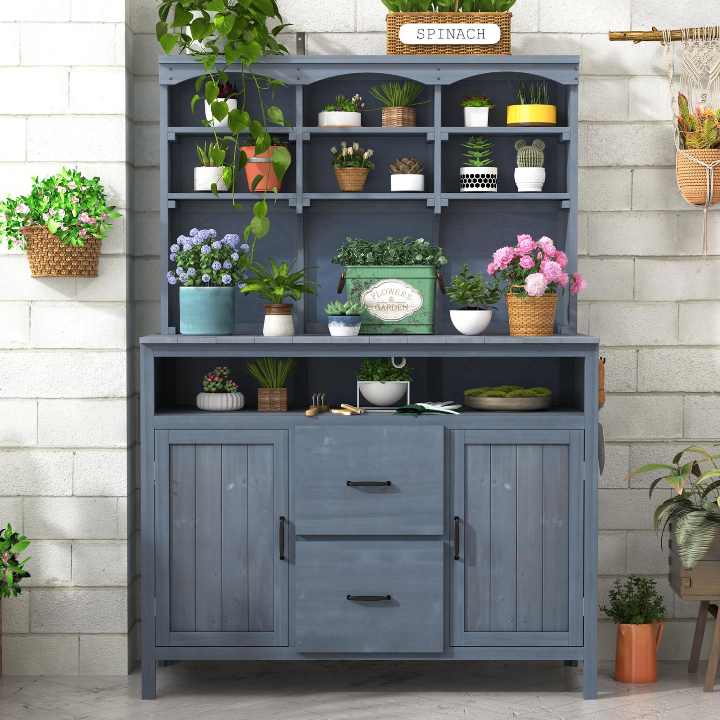 Merax 45.3" Large Outdoor Fir Wood Potting Bench with Storage, Multi-Functional Patio Kitchen Island with 6-Shelf Hutch+2 Cabinets+2 Drawers+3 Hooks, Garden Workstation for Planting, Gardening, Gray