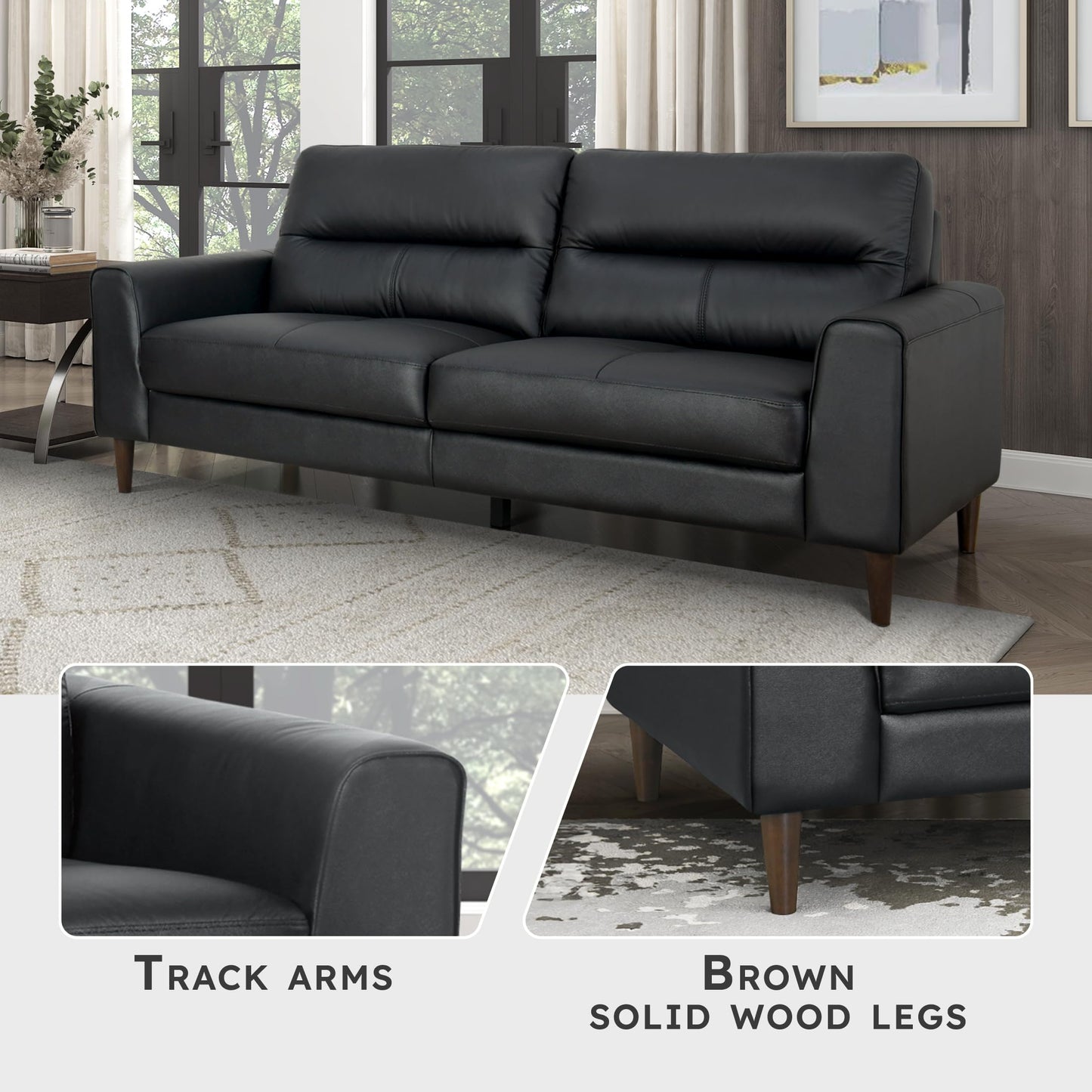 Lexicon Leather Match Couch Sofa, Modern Oversized Sofa, Solid Wood Legs, Top Grain Leather 3 Seater Couch for Living Room, Bedroom, Office, Apartment, Waiting Room, Black