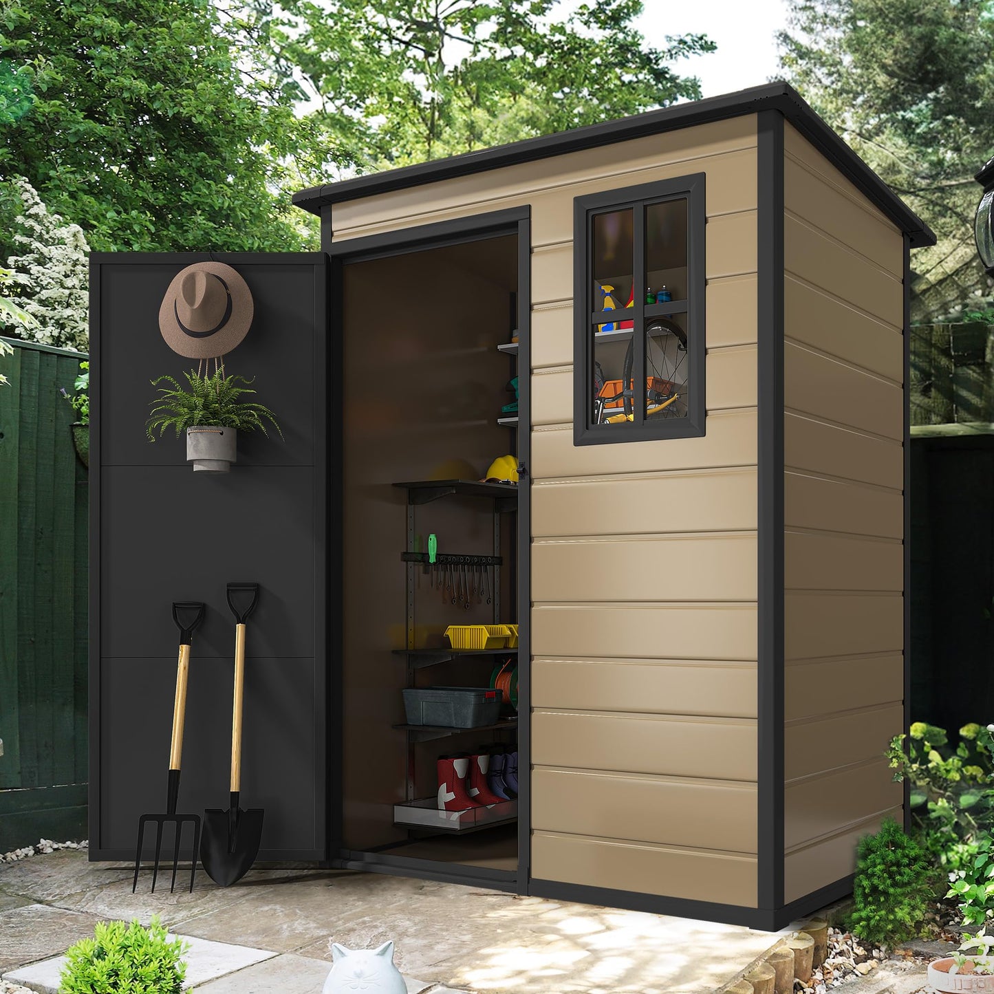 DWVO 5x3ft Resin Outdoor Storage Shed with Floor, Waterproof Lockable Storage Shed with Window, Plastic Outside Tool Storage for Garden, Backyard, Patio, Lawn, Brown