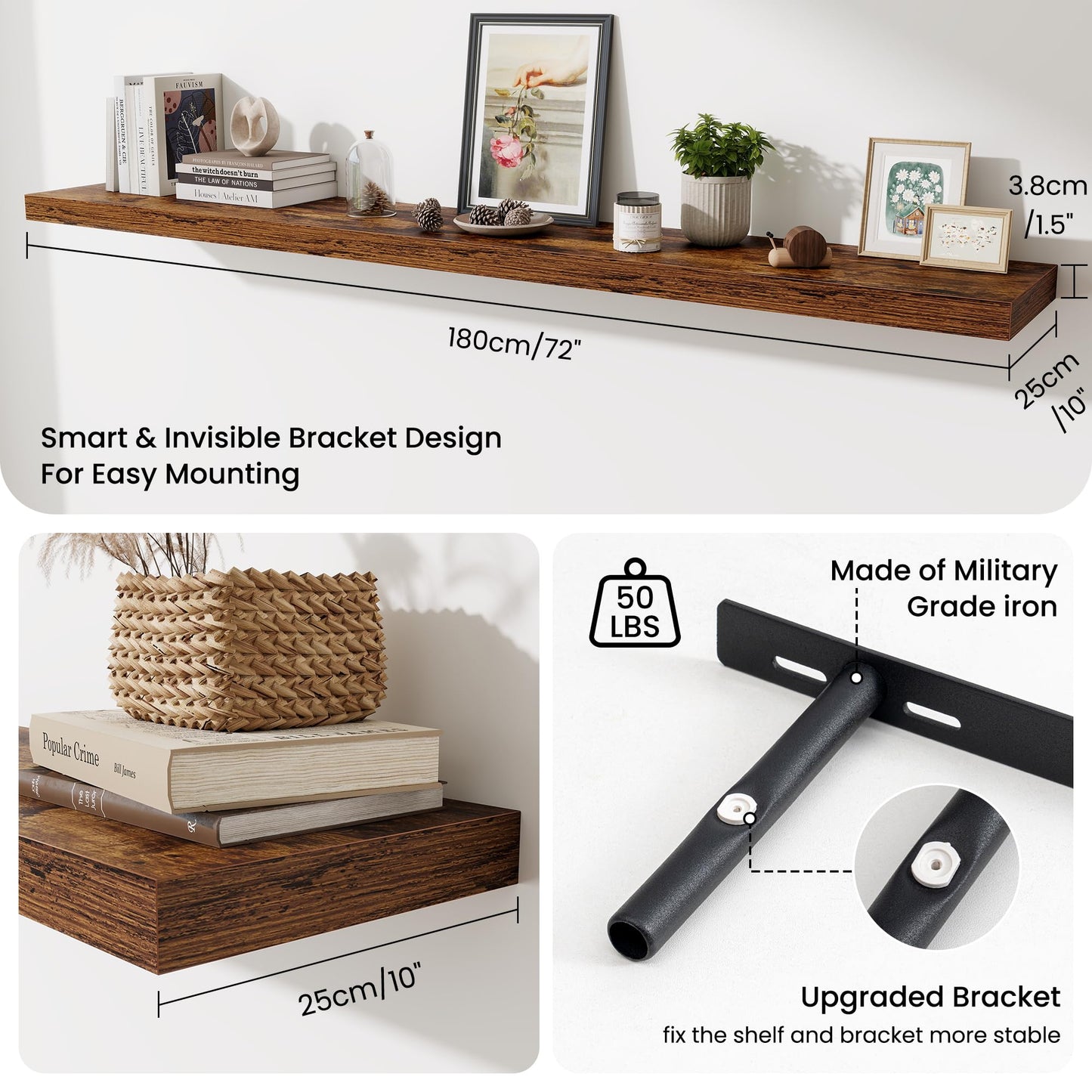 Fun Memories 72 Inch Fireplace Mantel Shelf, 10 Inch Deep Shelves for Display & Wall Storage, Rustic Wood Wall Shelf, Extra Long Floating Shelves for Living Room Laundry Room, Rustic Brown, Set of 2