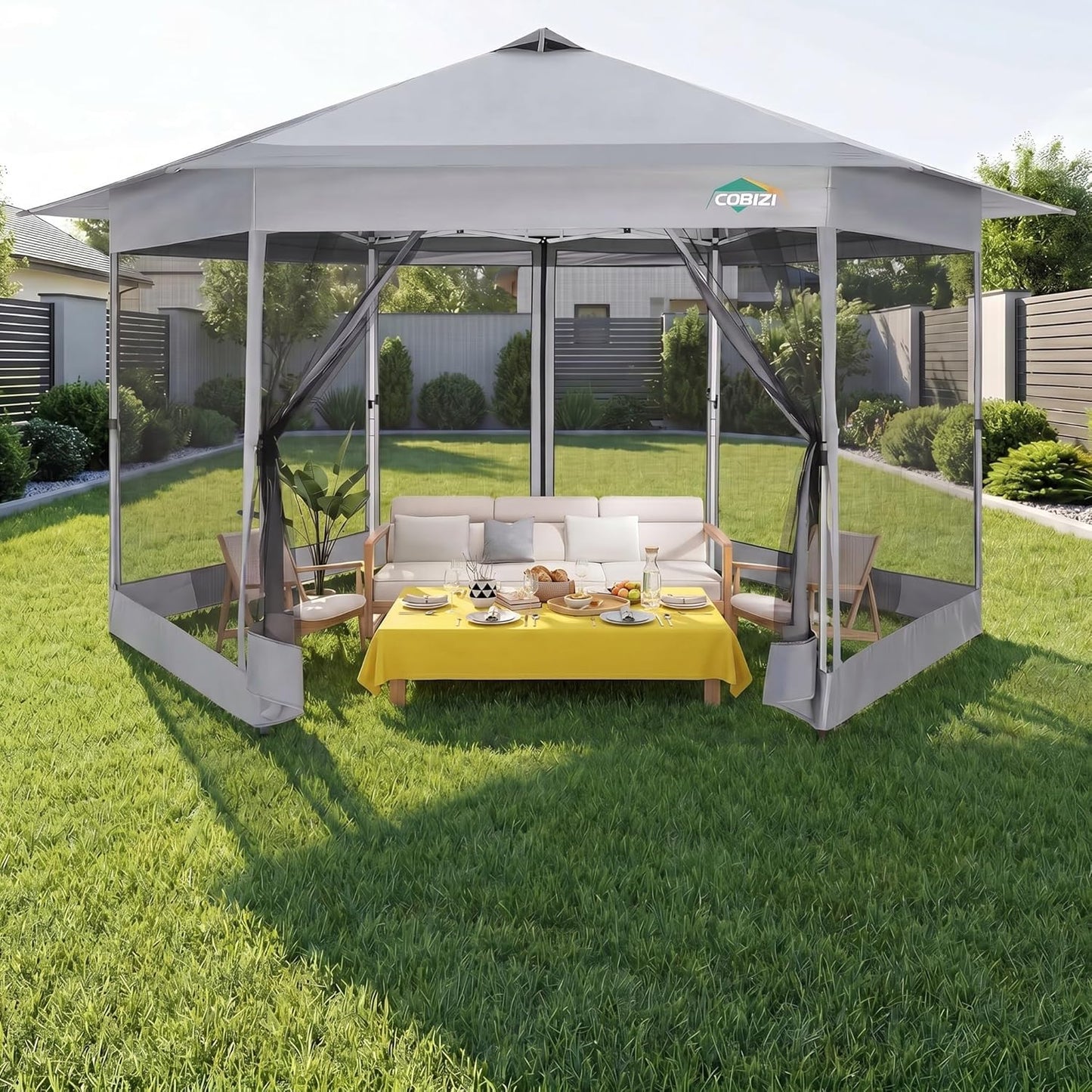COBIZI 16x16 Pop up Gazebo on Clearance, Hexagonal Outdoor Canopy Tent with Mosquito Netting，Adjustable Height and 256 Square ft of Shade for Party, Backyard, Gardens with Vented Top（Gray）