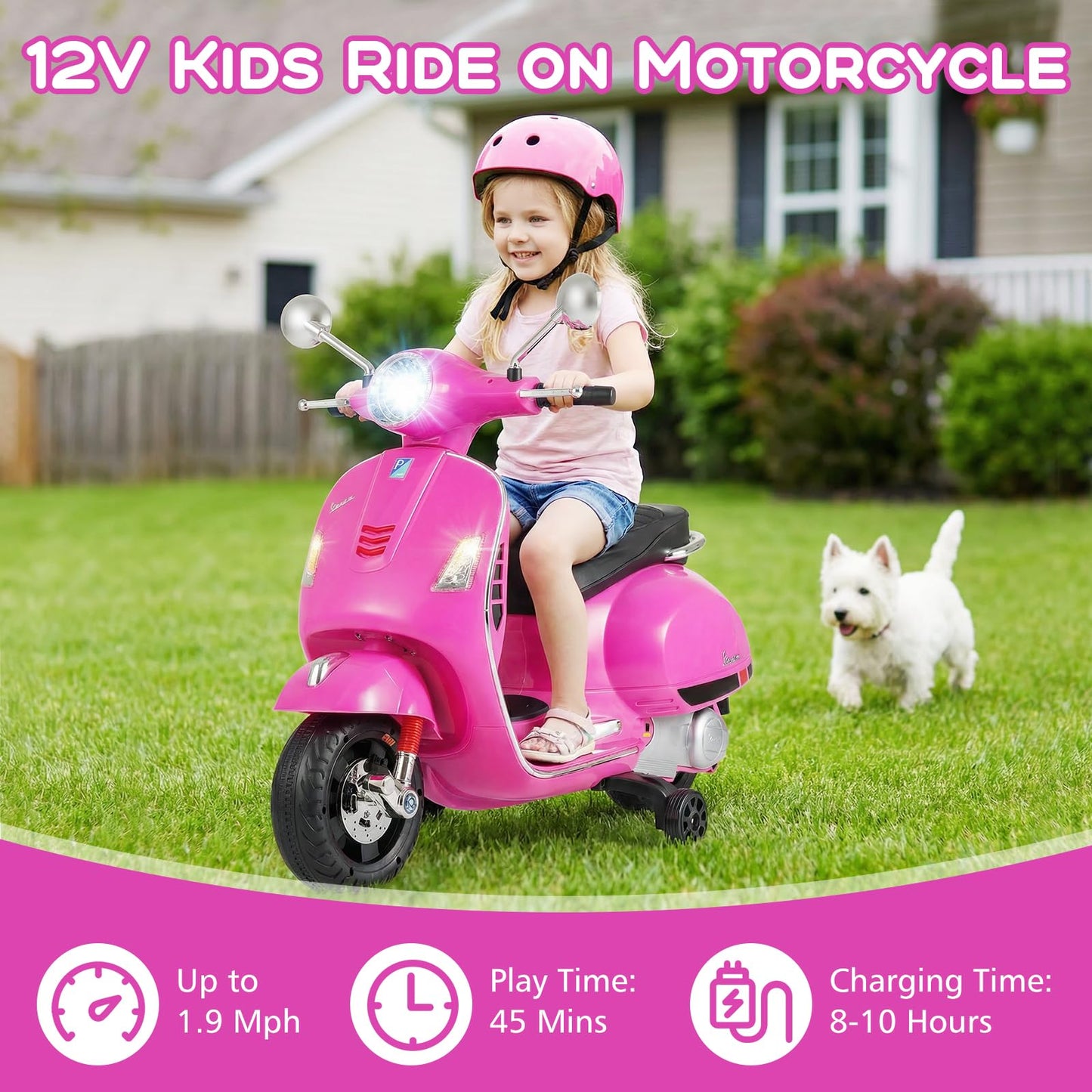 Licensed Vespa 12V Kids Motorcycle by INFANS with Training Wheels, Music, Story, Horn, Lights for 3-6 Years (Pink)