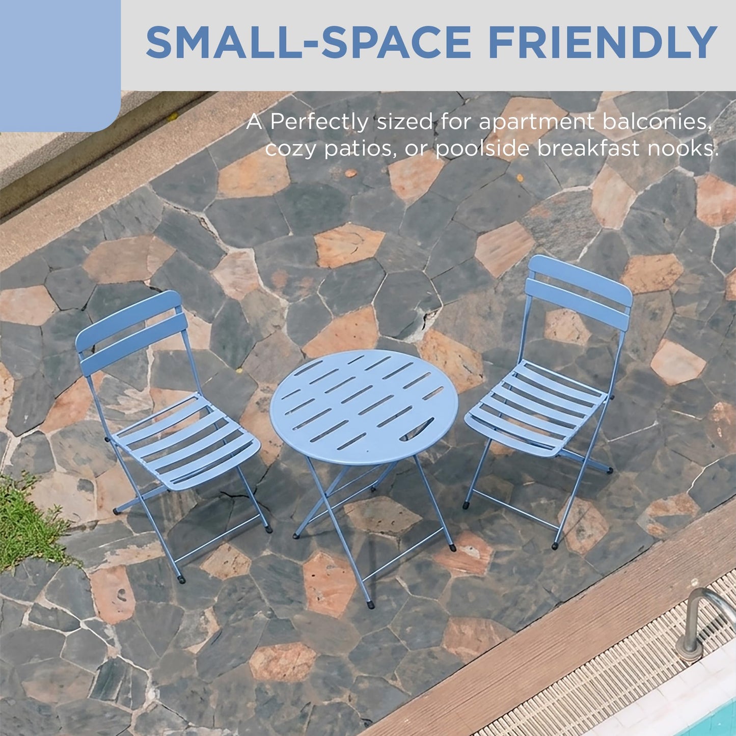 Alpine Corporation VTFAM168A-BL 3-Piece Blue Metal Folding Bistro Set – 20" Round Patio Table with 2 Folding Chairs – Portable Indoor/Outdoor Balcony & Garden Furniture Set