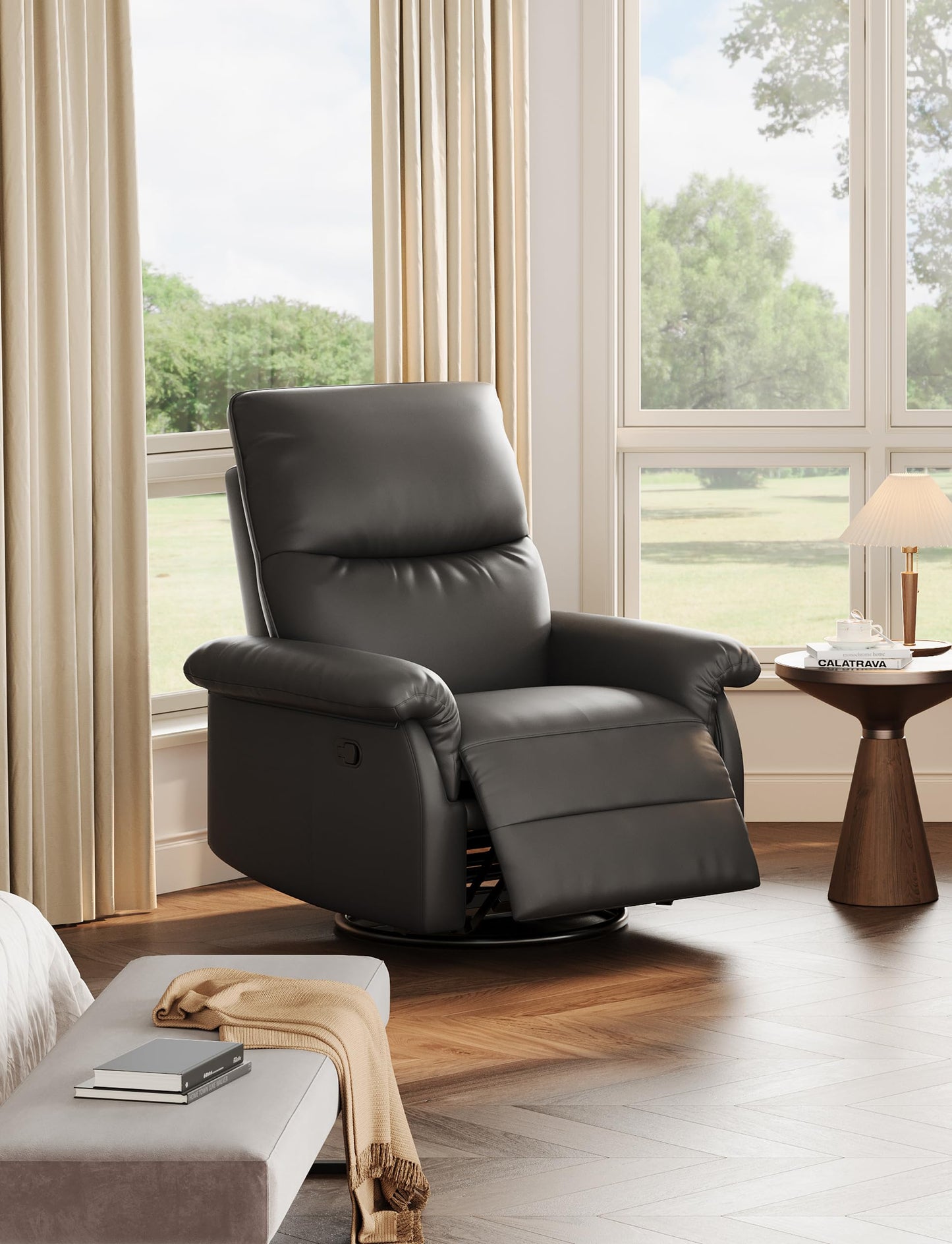 GAOMON Swivel Rocking Recliner Chair, Manual Leather Recliner Glider with Lumbar Support & Padded Armrest, Comfortable Rocker Nursery Single Sofa for Living Room and Bedroom (Black)