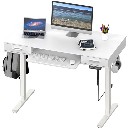 SHW 48-Inch Electric Height Adjustable Desk with Keyboard Tray and 2 Drawers, White