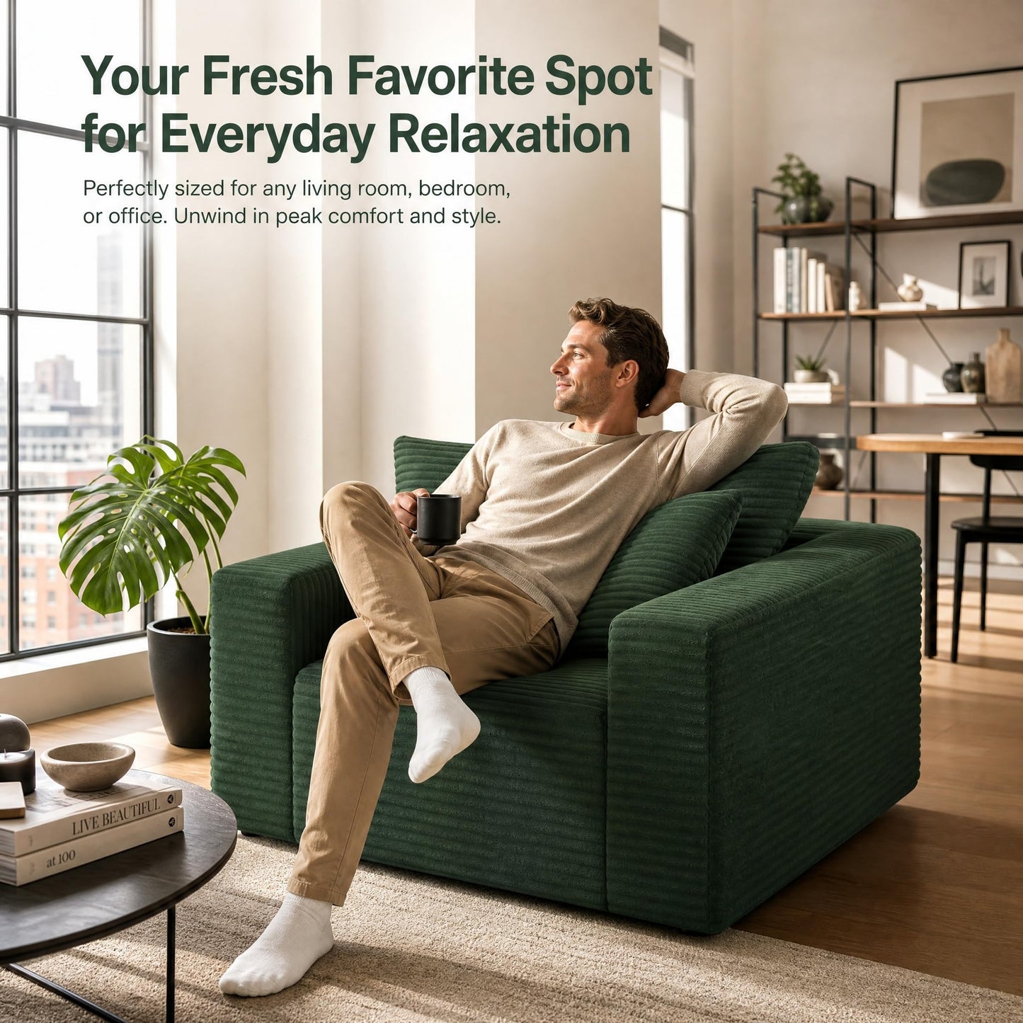 Trygoal Boneless Single Sofa Chair for Adult, Corduroy Cloud Lounge Chair with 2 Pillows & Wide Armrests, High-Density Foam Reading Couches for Living Room & Office, No Assembly Required, Green