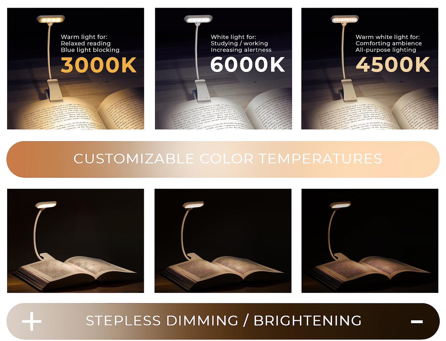 VViViD LEDLit Book Light - Rechargeable, Stepless Dimmable, Flexible Clip, White, Flex Lamp