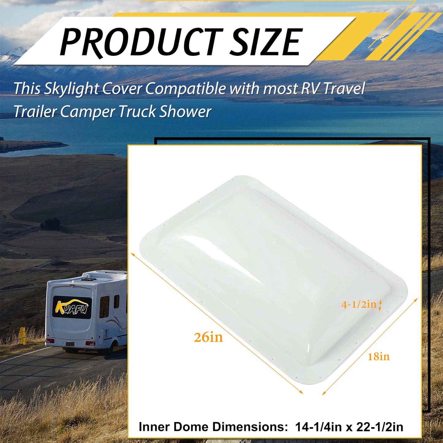 KUAFU Skylight Cover for RV, 18in x 26in, White, Plastic, Model GO-3979, Fits 14in x 22in Dome, Roof Vent Replacement Cover