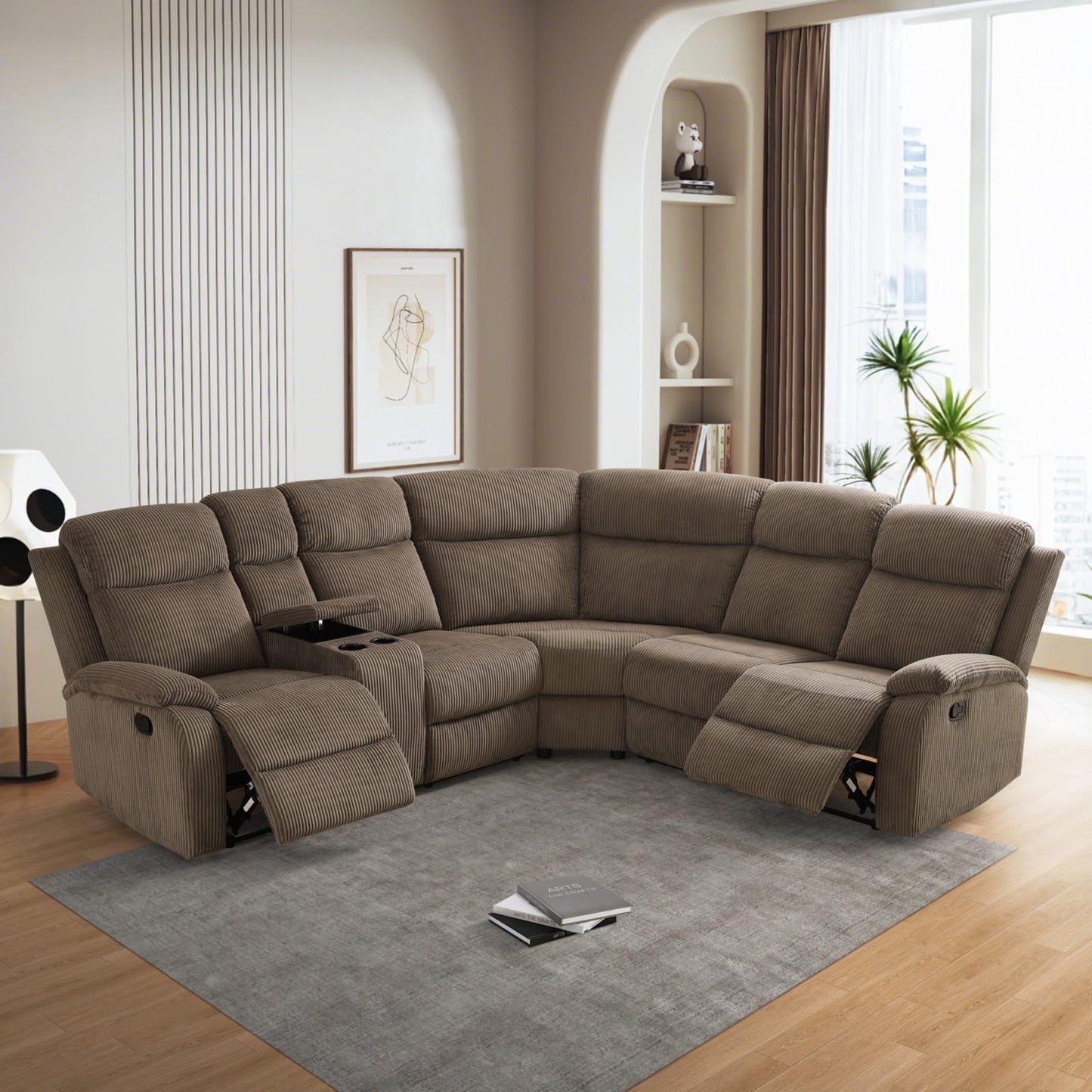 UOCFYK Recliner Sectional Sofa Set, L-Shaped Reclining Couch with 2 Recliner Seats, Reclining Corner Couches with Cup Holder and Storage Console for Home Theater & Living Room, Light Brown