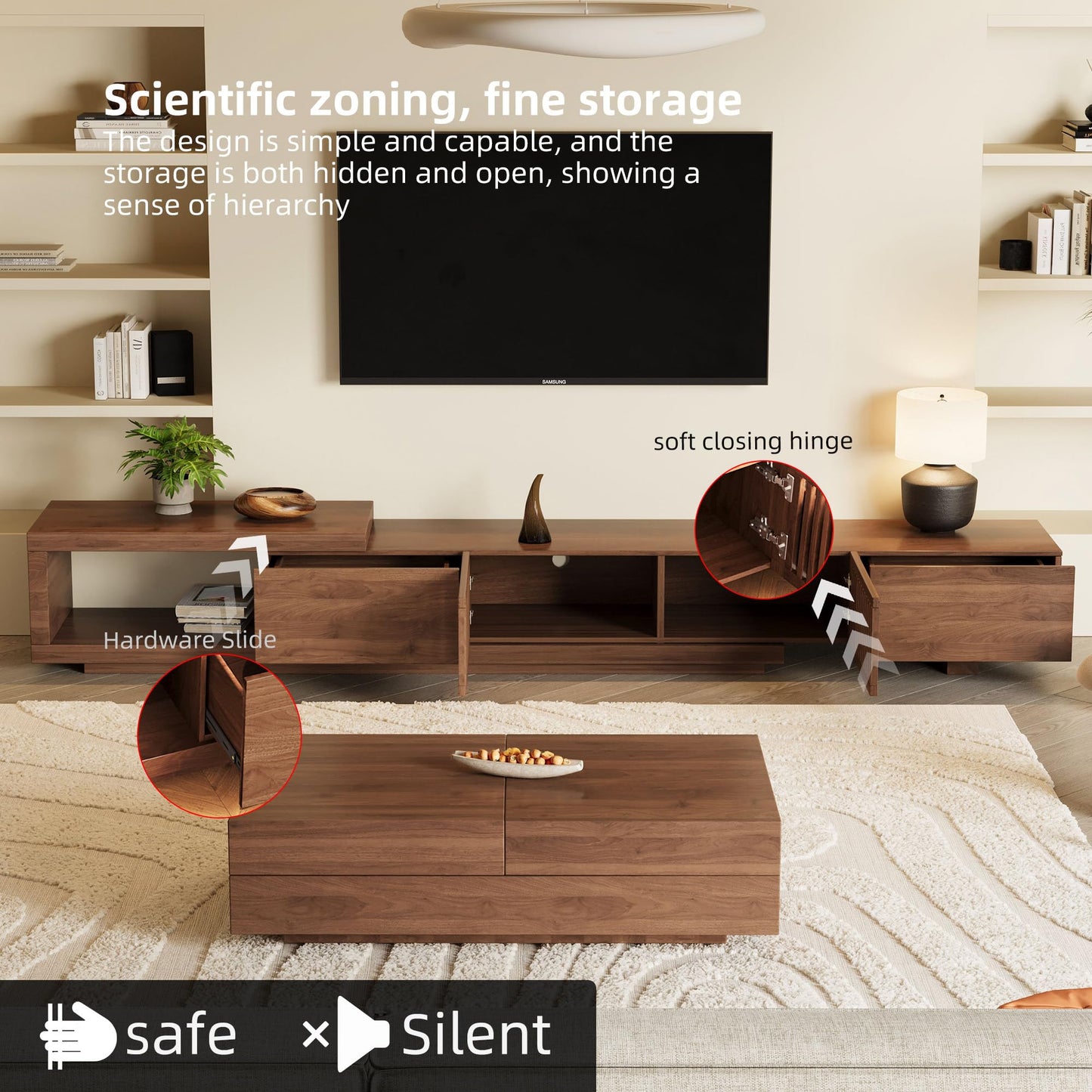 gaoyangjiaju 94.48" Mid Century Modern TV Stand for TVs up to 70"-90",Tv Console with 4 Storage Cabinets, Media Furniture for Living Room or Bedroom,Walnut (78.54“ to 103")