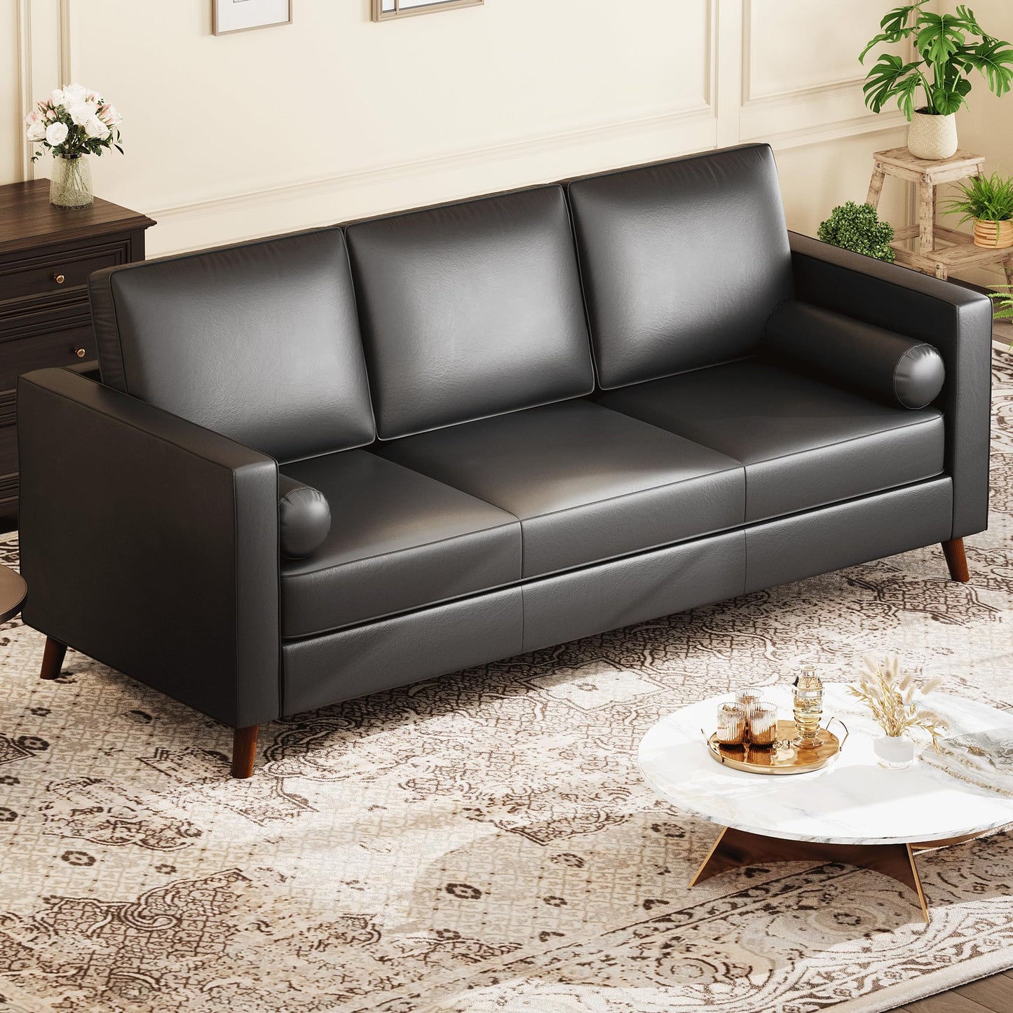 GAOMON 86" Leather Sofa, Mid-Century Modern Couch, Faux Leather Couch with Deep Seats, 3-Seat Sofa for Living Room, Office, Black