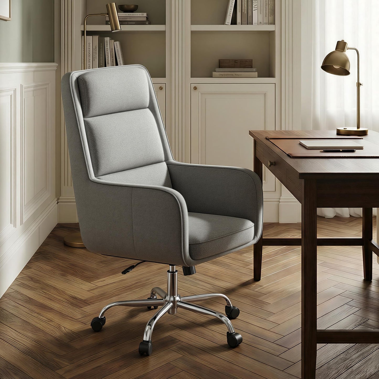 COLAMY Cocoon Modern Executive High Back Home Office Chair, Upholstered Desk Chair with Wheels, Vanity Chair with Head and Lumbar Support, Armrest (Gray)