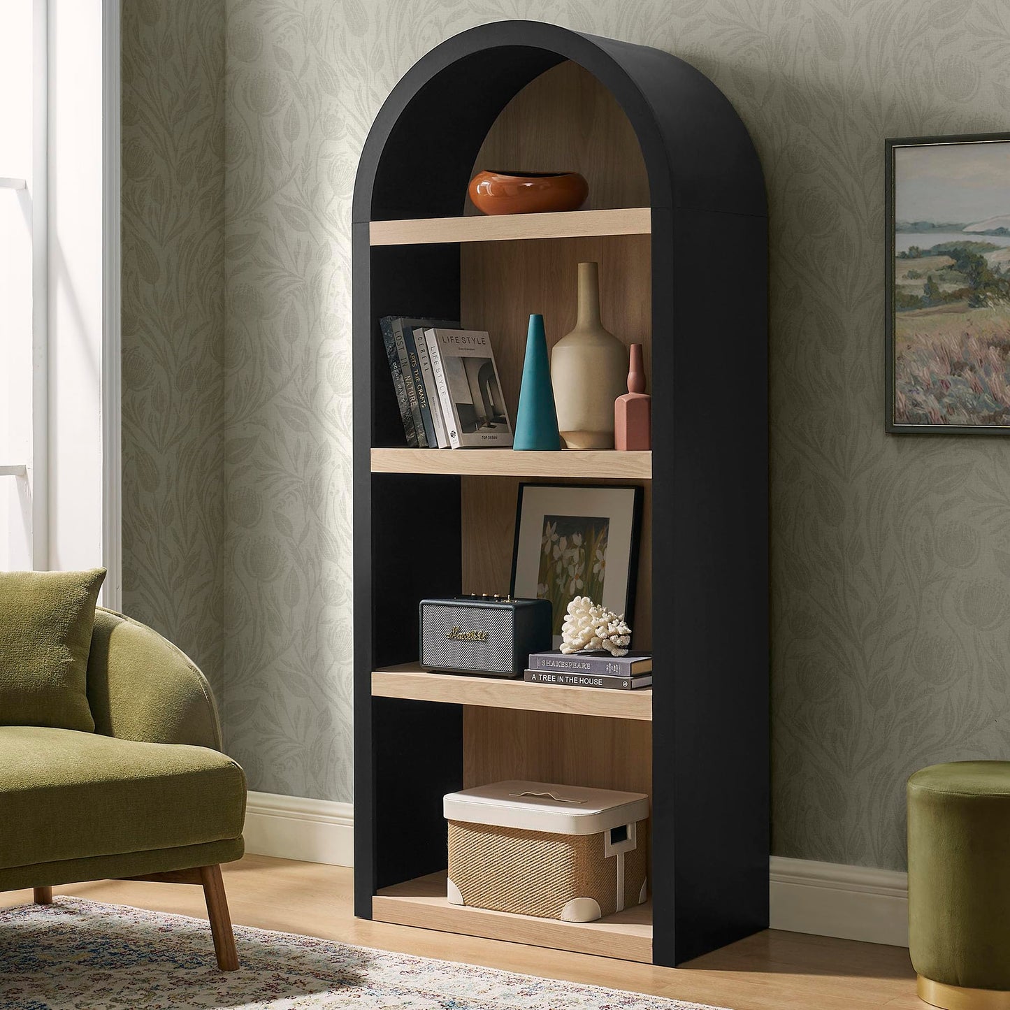 Modway Caleb Arched Bookcase with 4-Tier Open Shelves in Black - Wood Blend Display Bookcase for Dining Room, Living Room, Or Office Storage