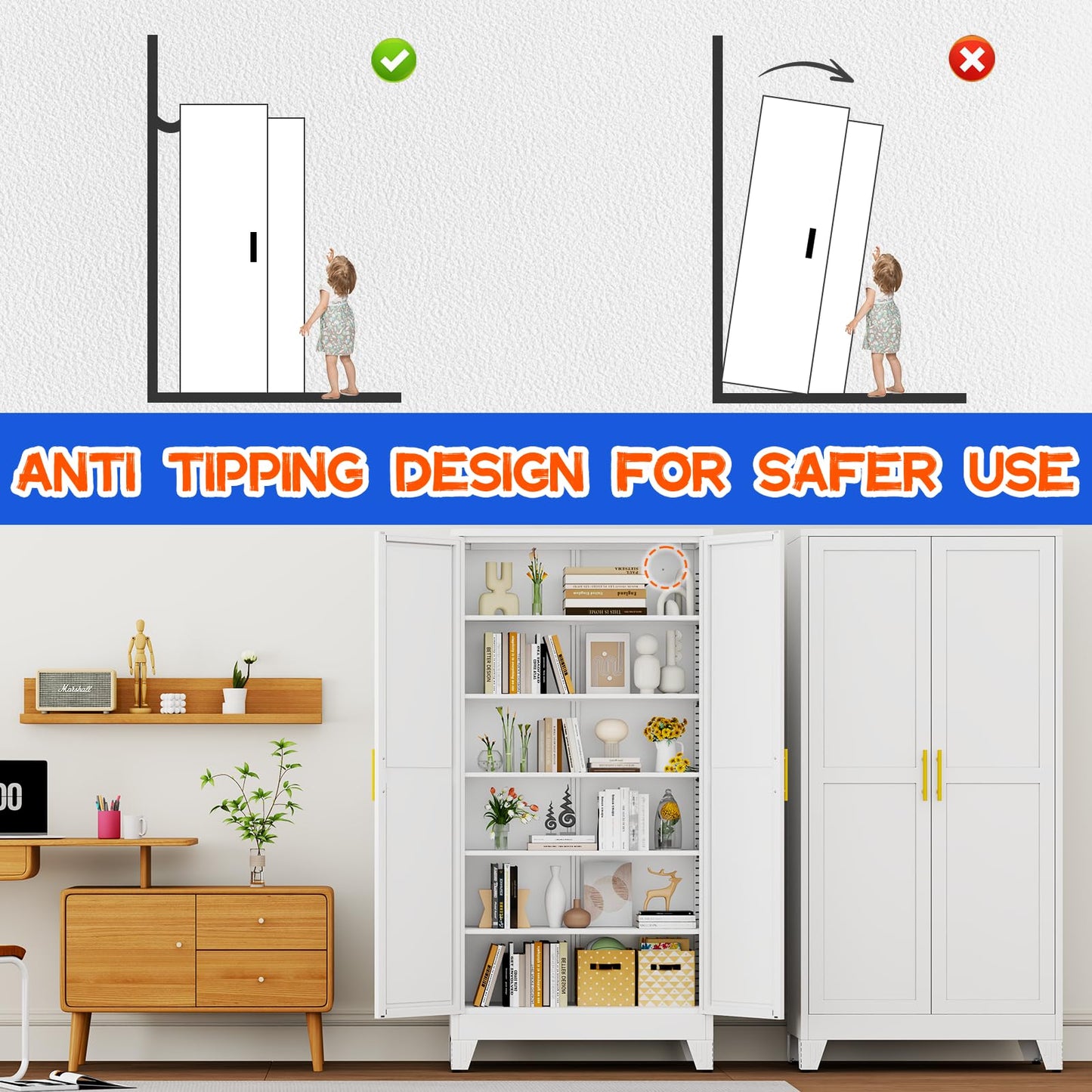 GAIOUS 75.2" Tall Metal Storage Cabinet with 2 Doors and 5 Adjustable Shelves, New upgrade Kitchen Pantry Cabinet, White Freestanding Cupboard, 6 Tier Steel Storage for Office, Kitchen, Dining, Garage