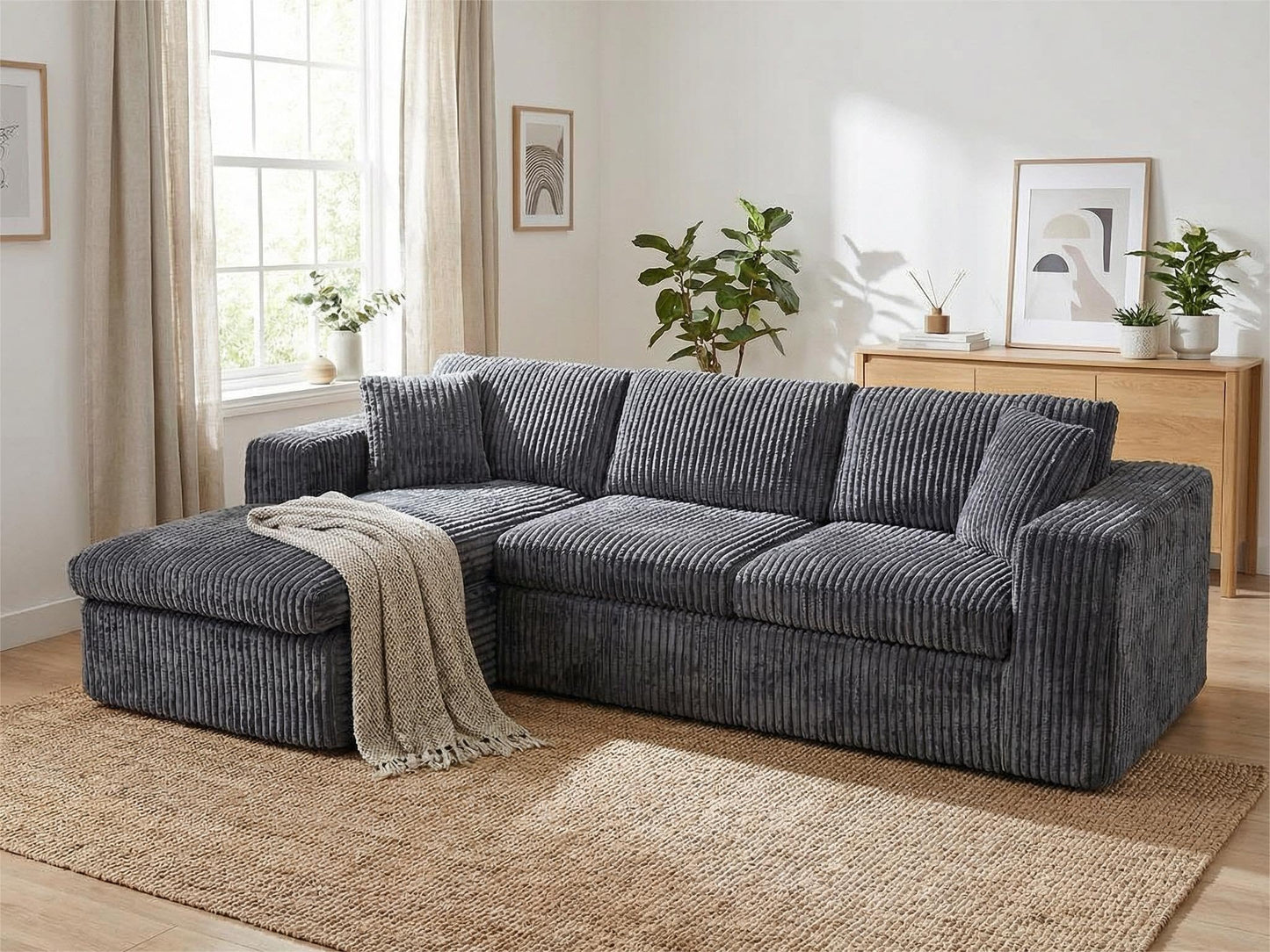 Vongrasig 105" Boneless Couches for Living Room,Sectional Couches Modular Sofa with L-Shaped Chaise, Memory Foam Comfy Cloud Couch with Plush Corduroy Fabric, No Assembly Required, (Dark Grey)