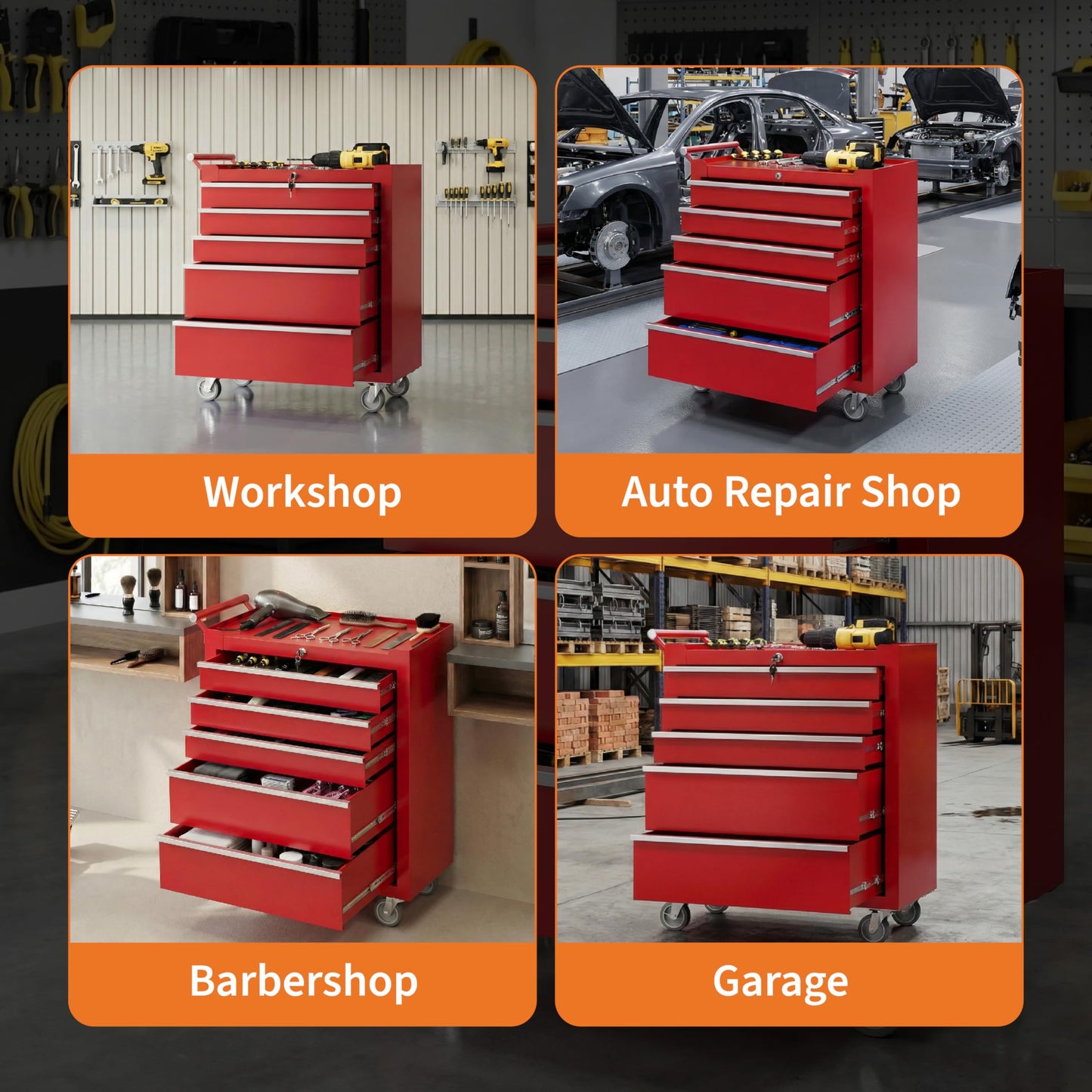 Rolling Tool Chest with Wheels, 5 Drawer Tool Storage Cabinet, Portable Toolbox Organizer with Lock, Heavy Duty Tool Chest Cart for Garage, Mechanic, Workshop, Shop, Mobile Tool Organizer, Red