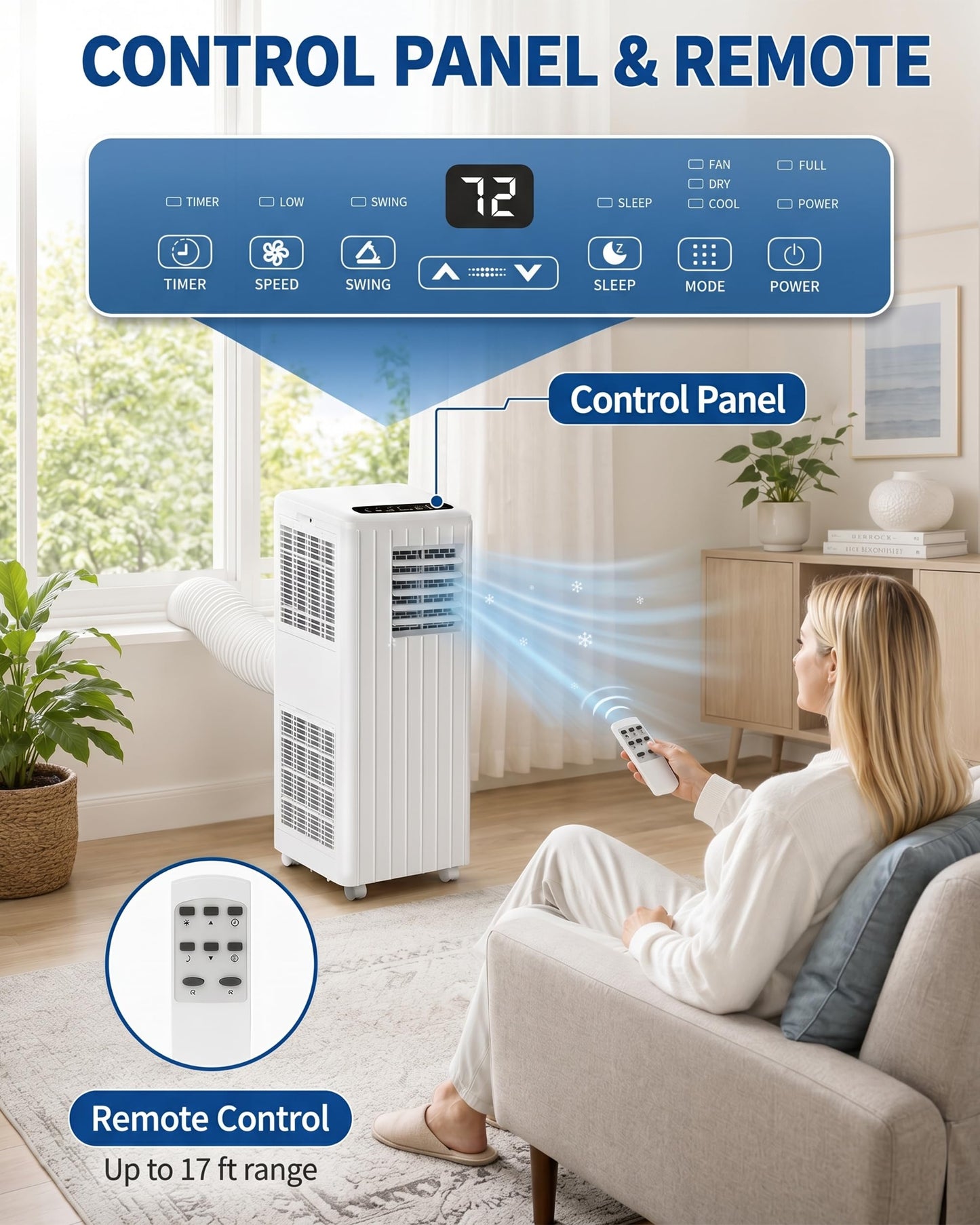8,000 BTU Portable Air Conditioners, Cools Room Up to 350 Sq.Ft, 4-in-1 AC Unit with Dehumidifier & Fan Mode, Remote Control, Ultra-Quiet 50dB, White & Black, Easy Window Kit