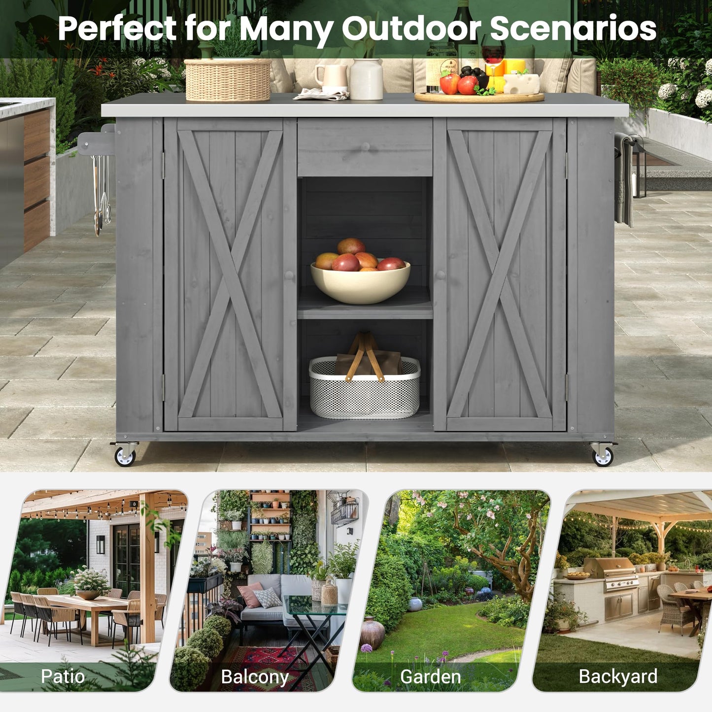 52.25" W Outdoor Grill Cart with Stainless Steel Tabletop, Patio Kitchen Island Storage Cabinet for BBQ, Bar