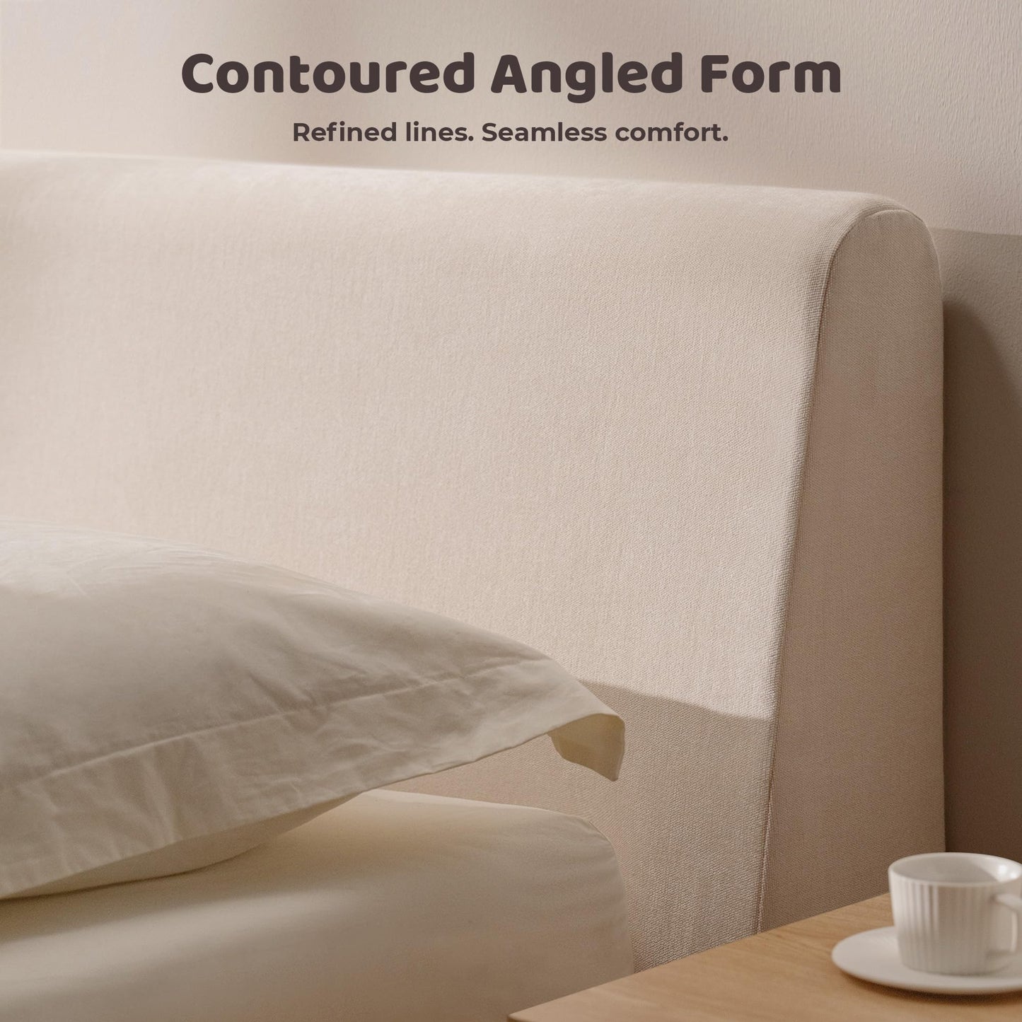 RECCI AirFrame Queen Bed Frame with Ergonomic Angled Headboard, 360° Cushioned Platform Bed Frame, Low Profile Minimalist Soft-Frame Bed, No Box Spring Needed, Easy Assembly, Beige Chenille