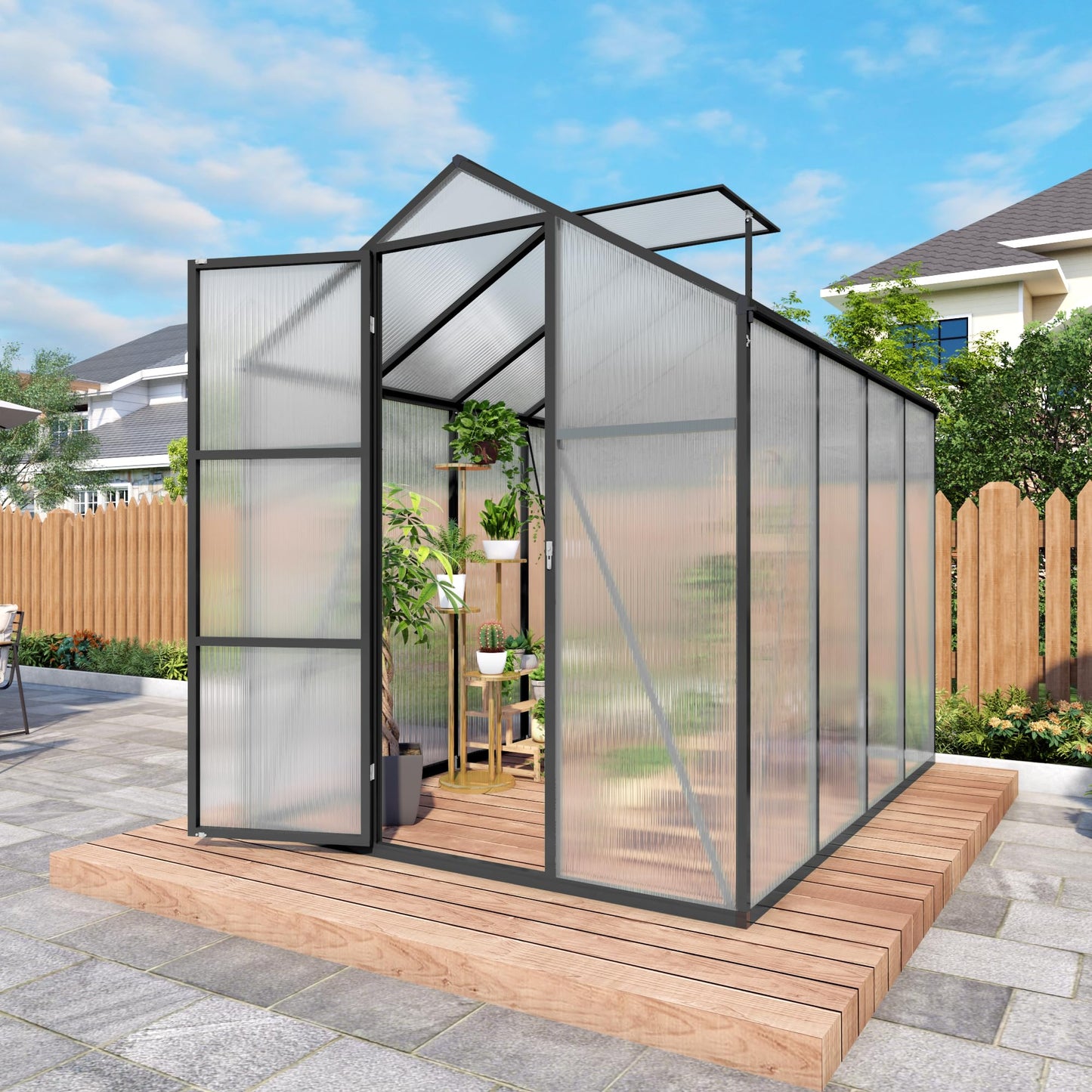 Walk-in Greenhouse 6x14FT, Aluminum Frame Polycarbonate Green House Kit, Heavy-Duty Plant Shelter with Vent Windows & Drainage System, UV Resistant Outdoor Garden Greenhouse for Vegetables Flowers