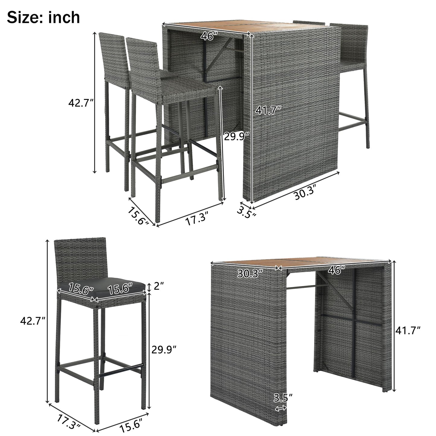 Merax 5 Pieces Outdoor Patio Wicker Bar Set, 4 Bar Height Chairs with Nonslip Feet and Gray Removable Cushion, Dining Table with Brown Acacia Wood Top and Gray Wicker