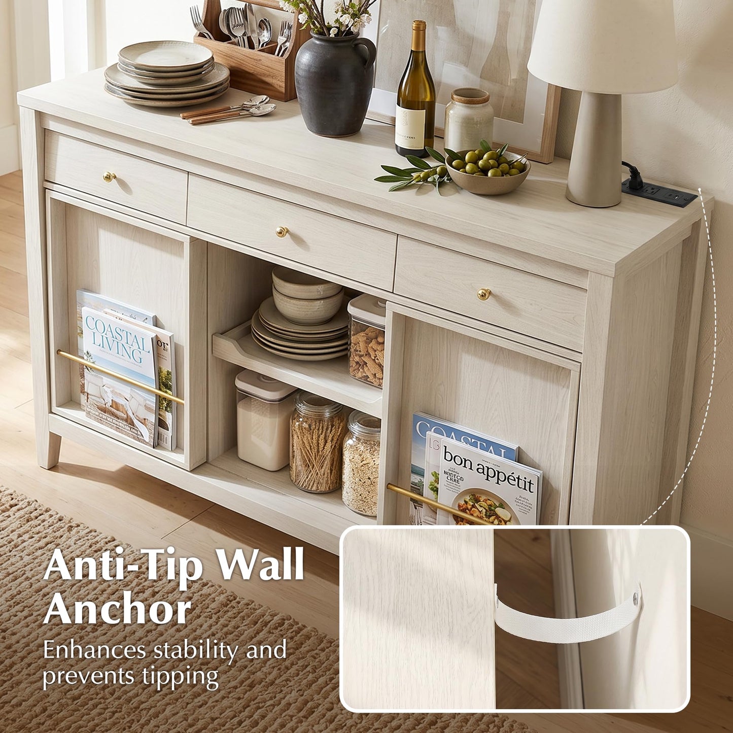 AMBERHAUS Buffet Cabinet with Storage, Modern Sideboard Cabinet with 3 Drawers, 2 Sliding Doors & Pull-Out Shelf, Coffee Bar Cabinet with Charging Station, White