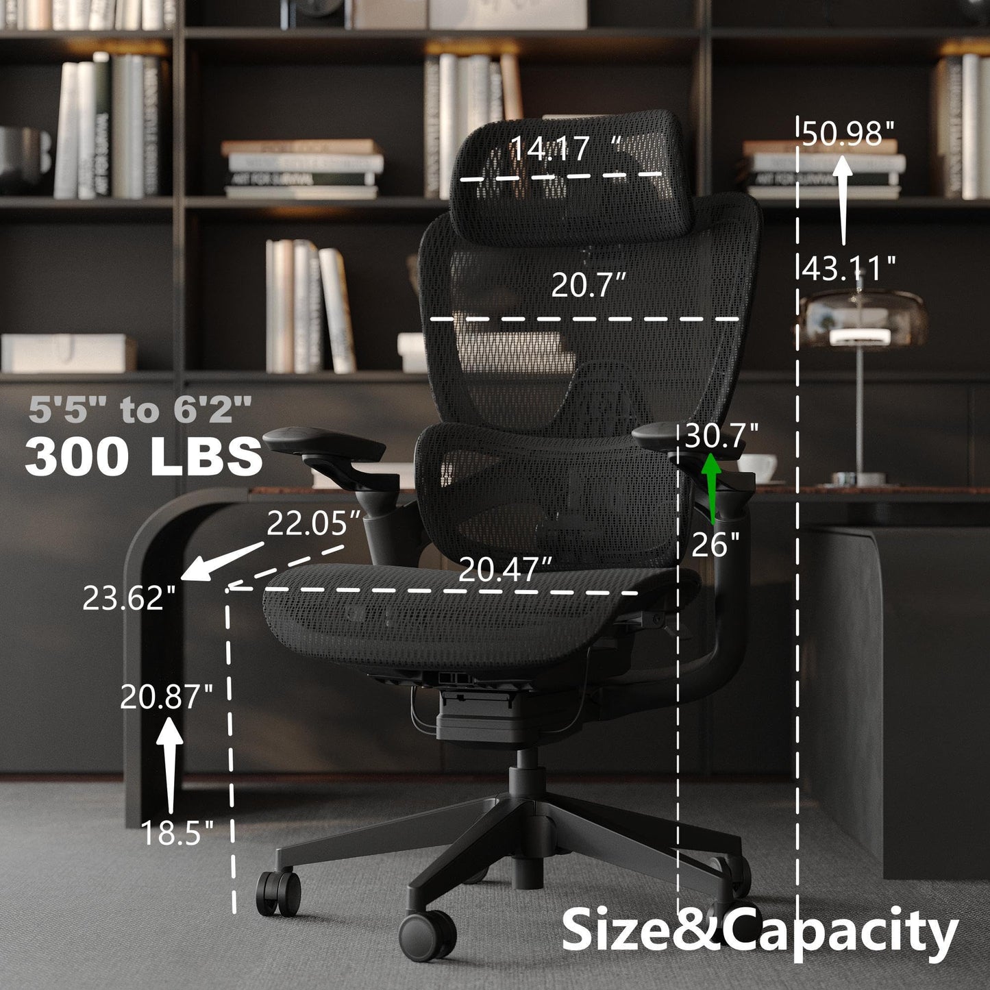 chirvana Ergonomic Office Chair, Big and Tall Home Desk Chair with Adjustable 3D Lumbar Support, 5D Armrest, 4D armrests, Mesh Computer Chair,90-130°Tilt, Model Zen (All Black)