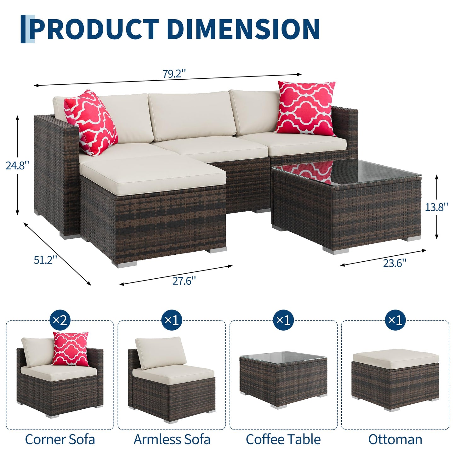 MilleLoom 5-Piece Outdoor Sectional Sofa Set, All-Weather PE Rattan Patio Furniture with Ottoman & Tempered Glass Table, Convertible Garden Couch for Backyard, Porch, Poolside (Brown/Beige)