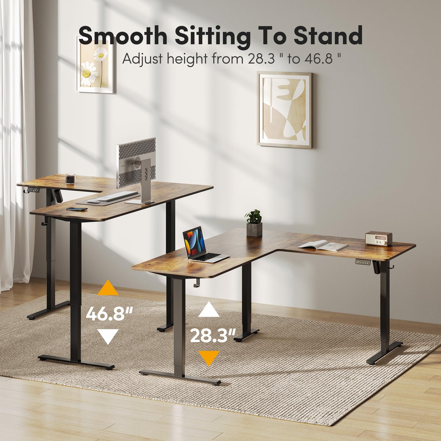 Cubiker L Shaped Standing Desk - 63 x 55 Inch Electric Adjustable Height Corner Standing Desk, Ergonomic Sit Stand Up Table, Splice Board for Home Office, Rustic Brown
