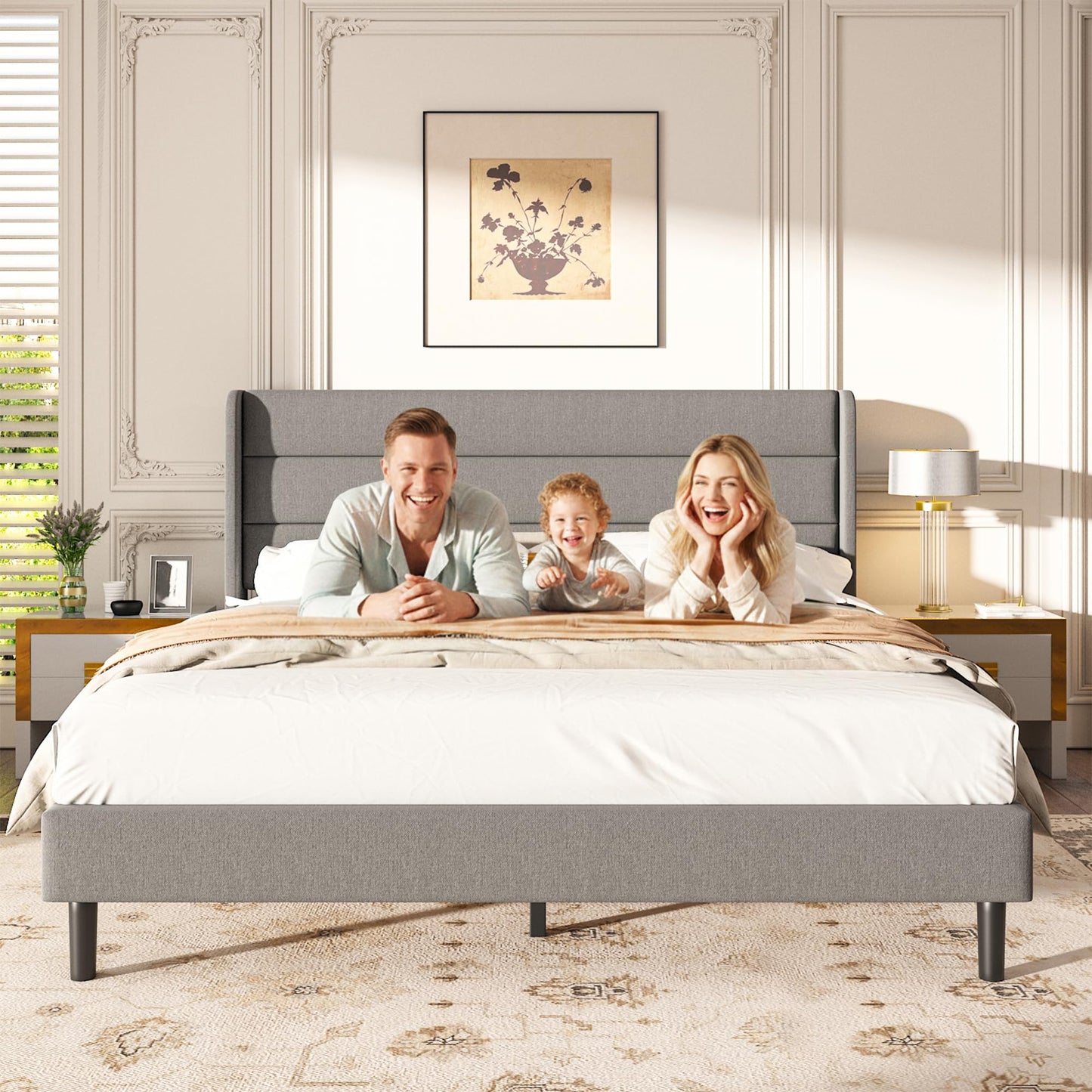 Mxhtcewz Full Size Upholstered Platform Bed Frame, Modern Linen Fabric Bed with Wingback Headboard, Sturdy No Wobble, Noise-Free & Easy Assembly, No Box Spring Needed, Gray