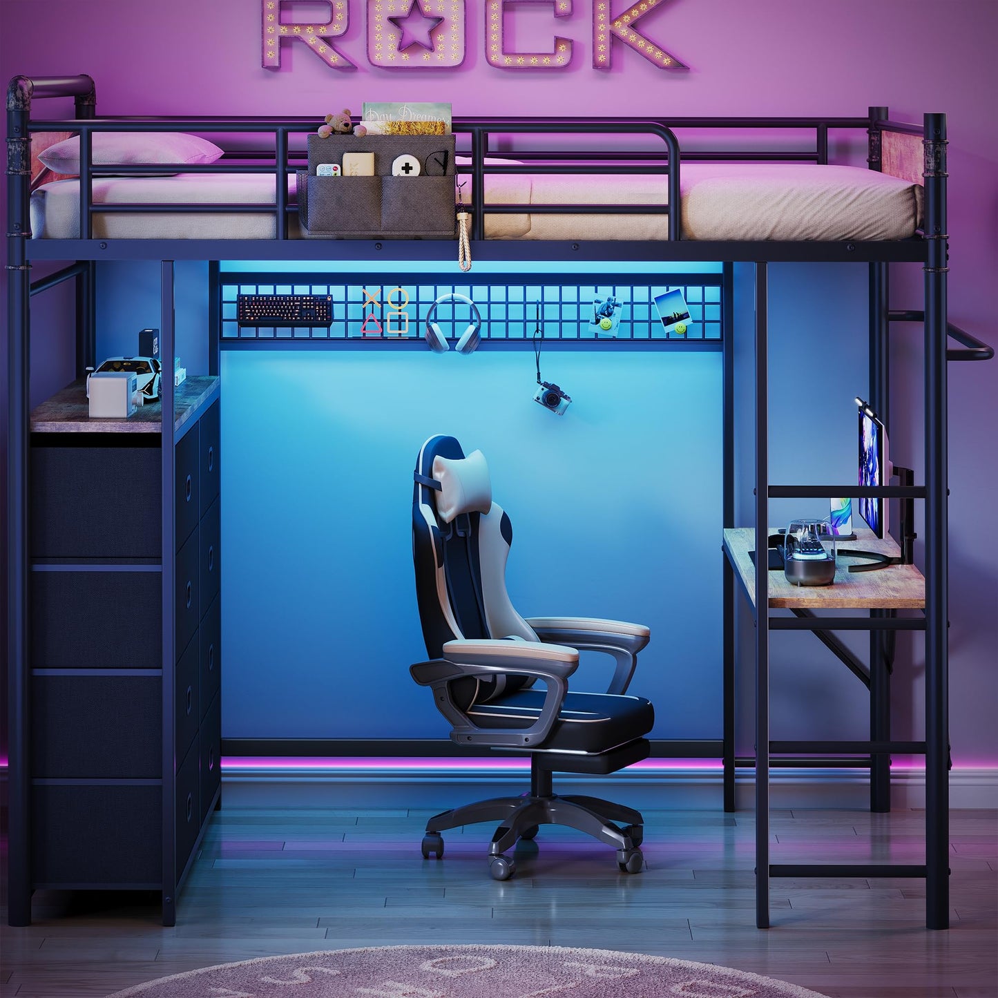 Twin Loft Bed with Desk and 8 Storage Drawers, Metal Loft Bed Twin Size with LED Lights & Charging Station, Bed Frame with Hanging Rod, Safety Guardrail & Ladder, for Kids & Teens (Rustic Brown)
