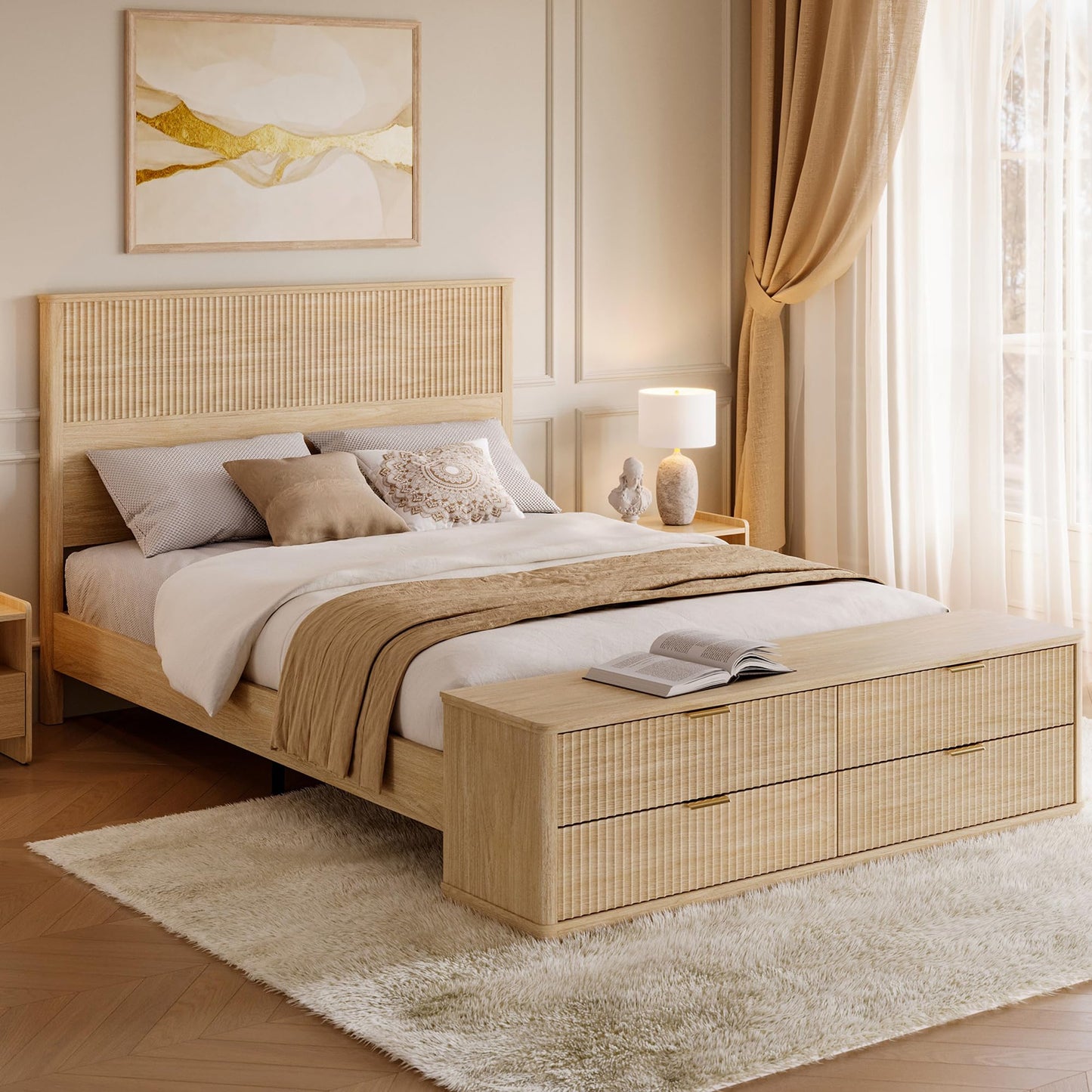 LINSY Storage Bed Frame Queen Bedframe with Drawers, Tall Bed Frame Queen-Size with Headboard and Footboard Bench, Fluted Boho Bed Frames Wooden Platform Beds with Storage, No Box Spring, Light Wood