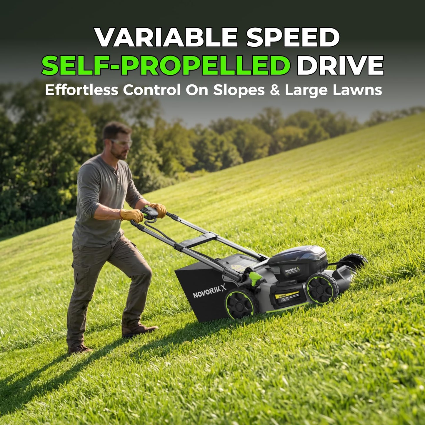 NovorikX 60V 5Ah Self-Propelled Electric Cordless Lawn Mower with 5.0Ah Battery 21-Inch, Brushless Mower for Large Yards, LED Headlight, Rapid Charger 3-in-1 Versatility Obsidian Series