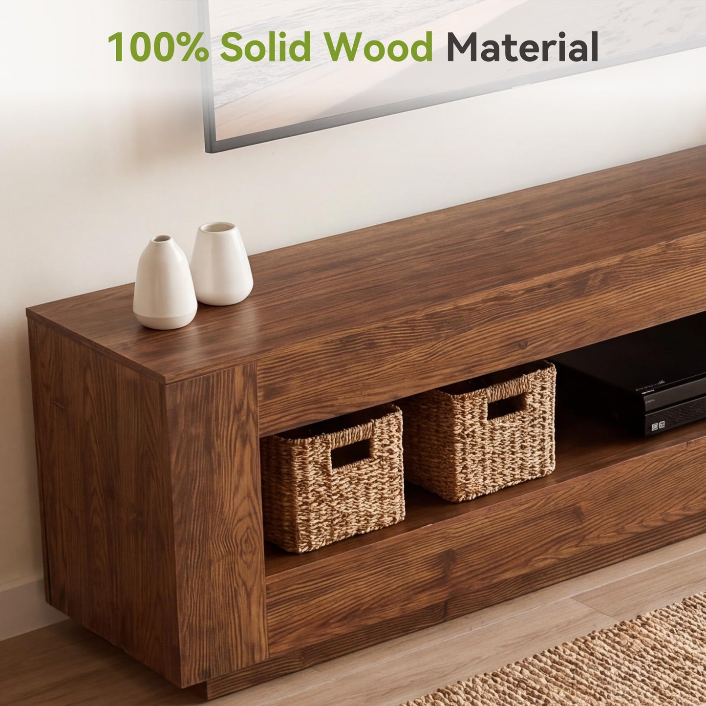LITTLE TREE 70.86-in Extra Long Solid Wood TV Stand for 55/65/75/85 inch TVs, 2-Tier Entertainment Center, Media Console Table with Storage Shelf, TV Stands for Living Room, Bedroom, Chestnut