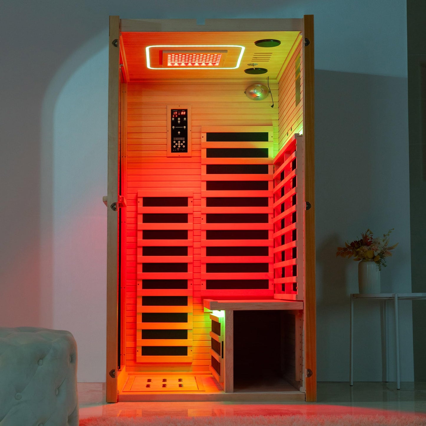 Woodbridge Infrared Home Sauna Room 2 Person Hemlock Wooden Indoor Sauna,7 Carbon 1980W/120V Heaters,with Led Color Therapy Light,Bluetooth Speaker,Tempered Glass,Touch-Tone Keypad and A Top Vent