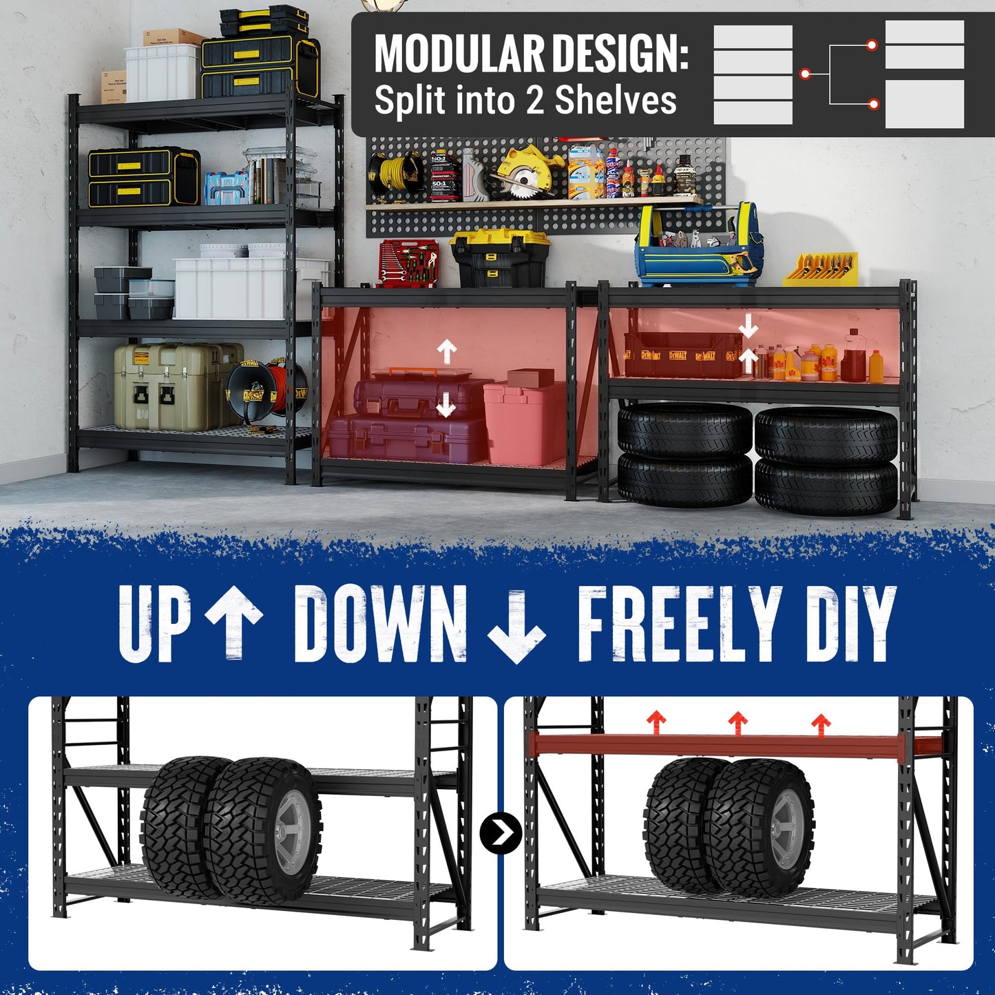 WORKPRO 77" Extra-Width Garage Shelving Units, 6400LBS Heavy Duty Utility Shelves, 4 Tier Industrial Adjustable Metal Storage Rack for Warehouse Shop Basement Organizers, 77”W x 24”D x 72”H