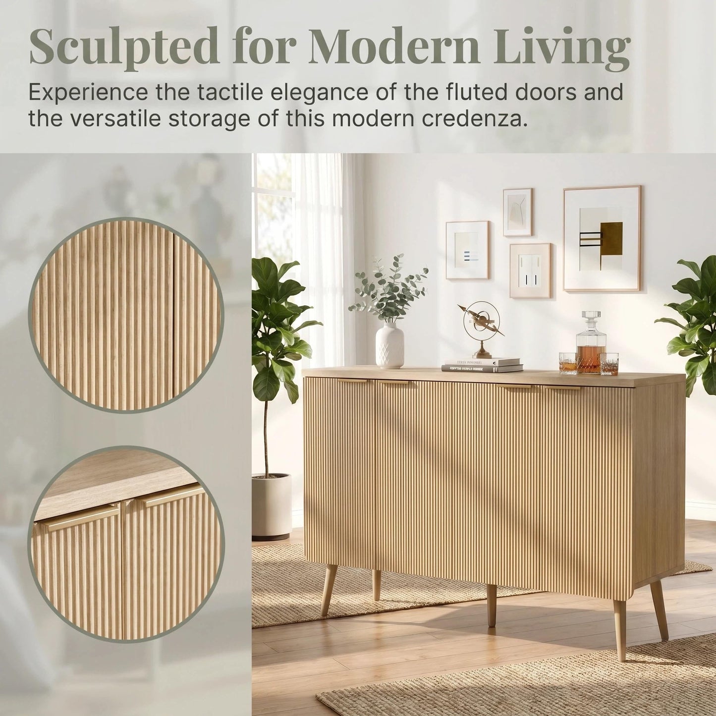 Trygoal Fluted Sideboard Buffet Cabinet with Storage, 4 Door Modern Credenza with Shelves, Wood Entryway Cabinet for Dining Room, Bedroom &Living Room (Natural Wood)