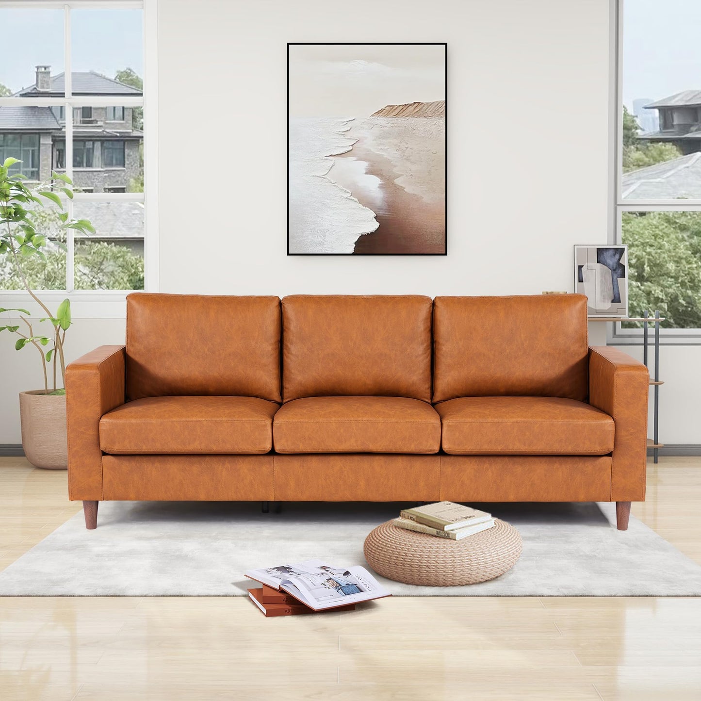 IDEALHOUSE Leather Couch 85 inch, Modern Deep Seat Sofa 3 Seater with Padded Backrest & Comfy Cushions, Faux Leather Couch for Living Room, Bedroom, Office