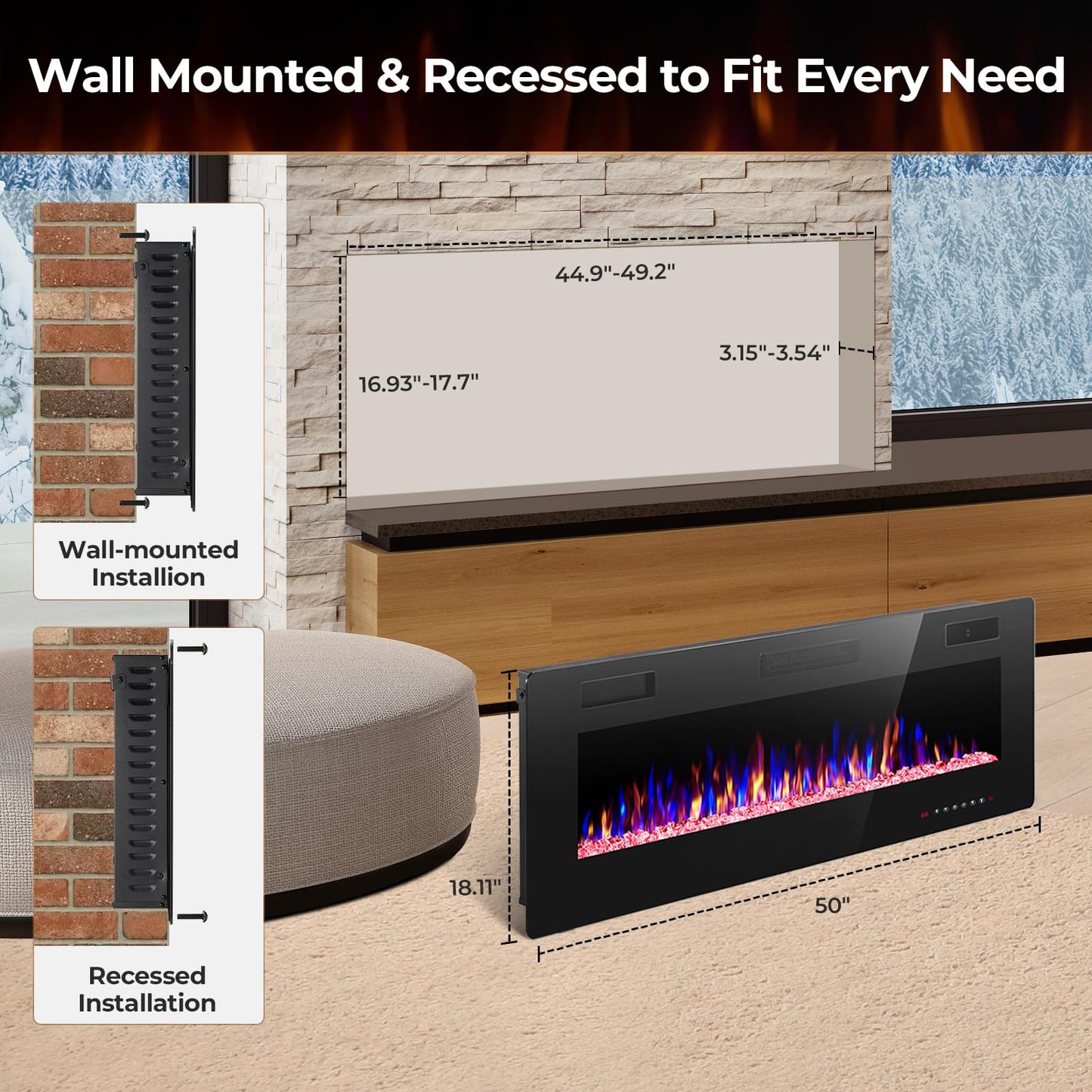 Crzoe Electric Fireplace, Recessed and Wall Mounted Fireplace Heater with Remote Control, Timer, Adjustable Flame Color and Speed, 750w/1500w Electric Fireplace Inserts