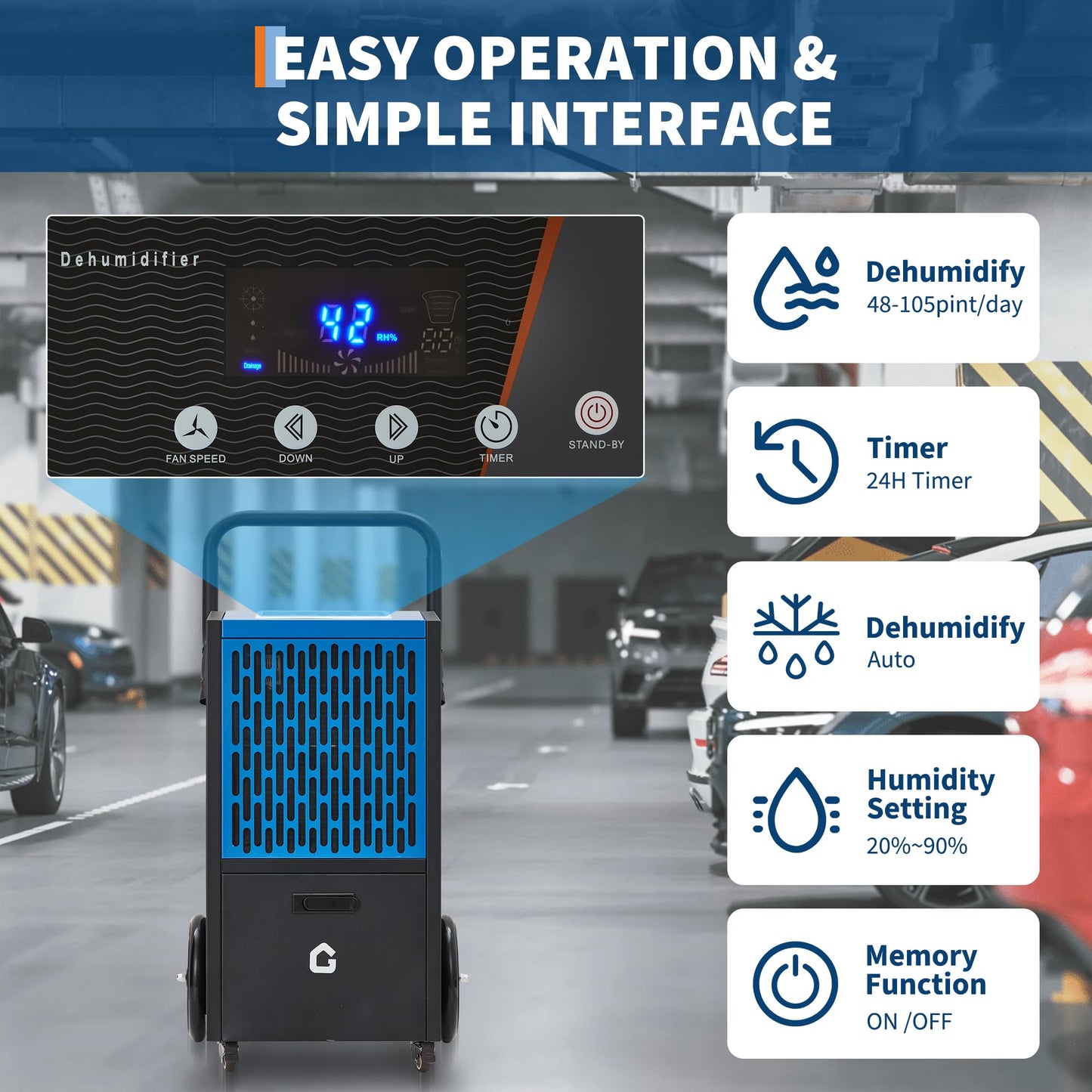 Commercial Dehumidifier, 105 Pint, Dehumidifier for Basement with Pump, Drain Hose, 5000 Sq. Ft Coverage, Timer, 4 Wheels, for Warehouse, Flood Repair, 110V