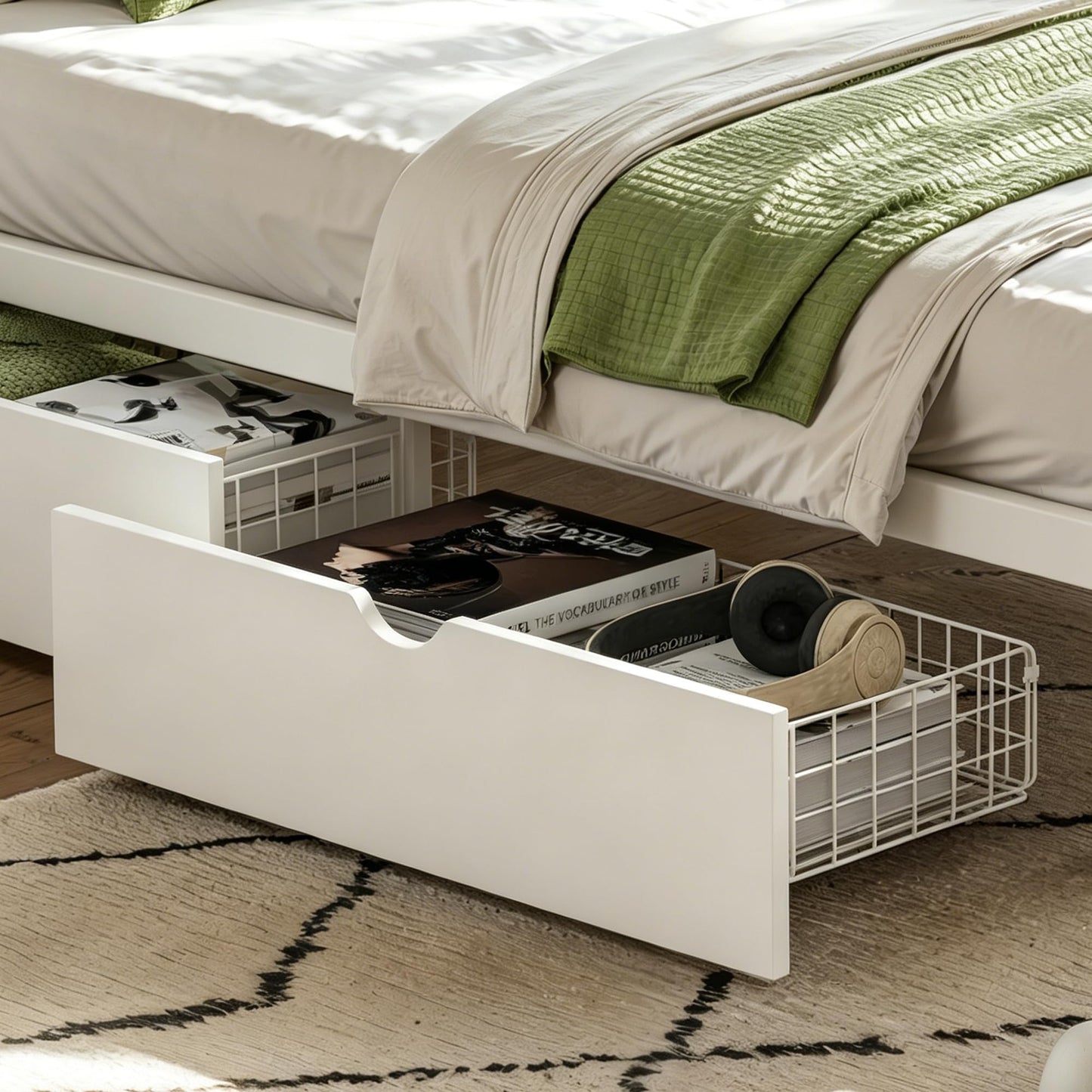 Bellemave Metal Kids Full Size Bed Frame with Storage Drawers and Detachable Fence,Full Size Montessori Bed with Slats and Fence,Metal Platform Bed,Low Profile Design,White