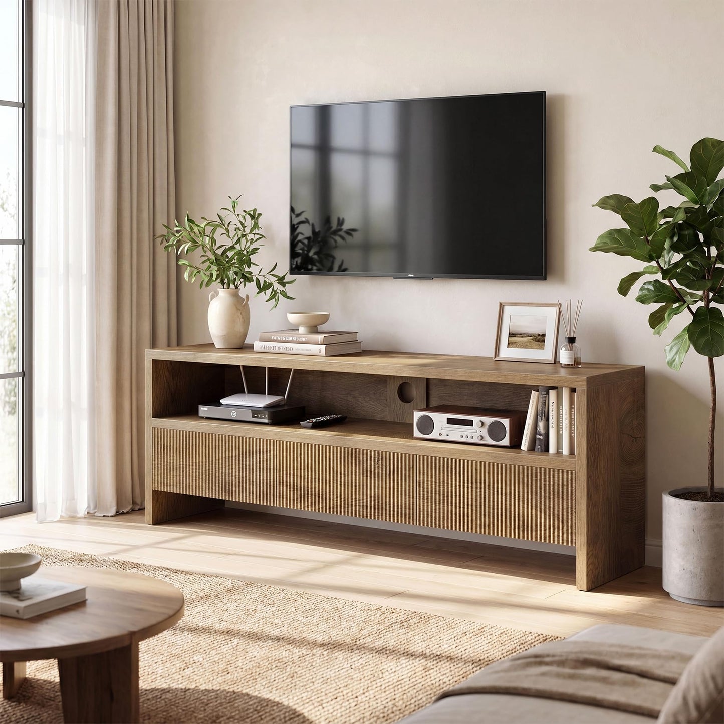 Tribesigns 63" TV Stand with 3 Drawers, 2-Tier Entertainment Center for TVs up to 75", Farmhouse Media Cabinet, Wooden Console with Storage, Television Stands for Living Room, Bedroom, Brown