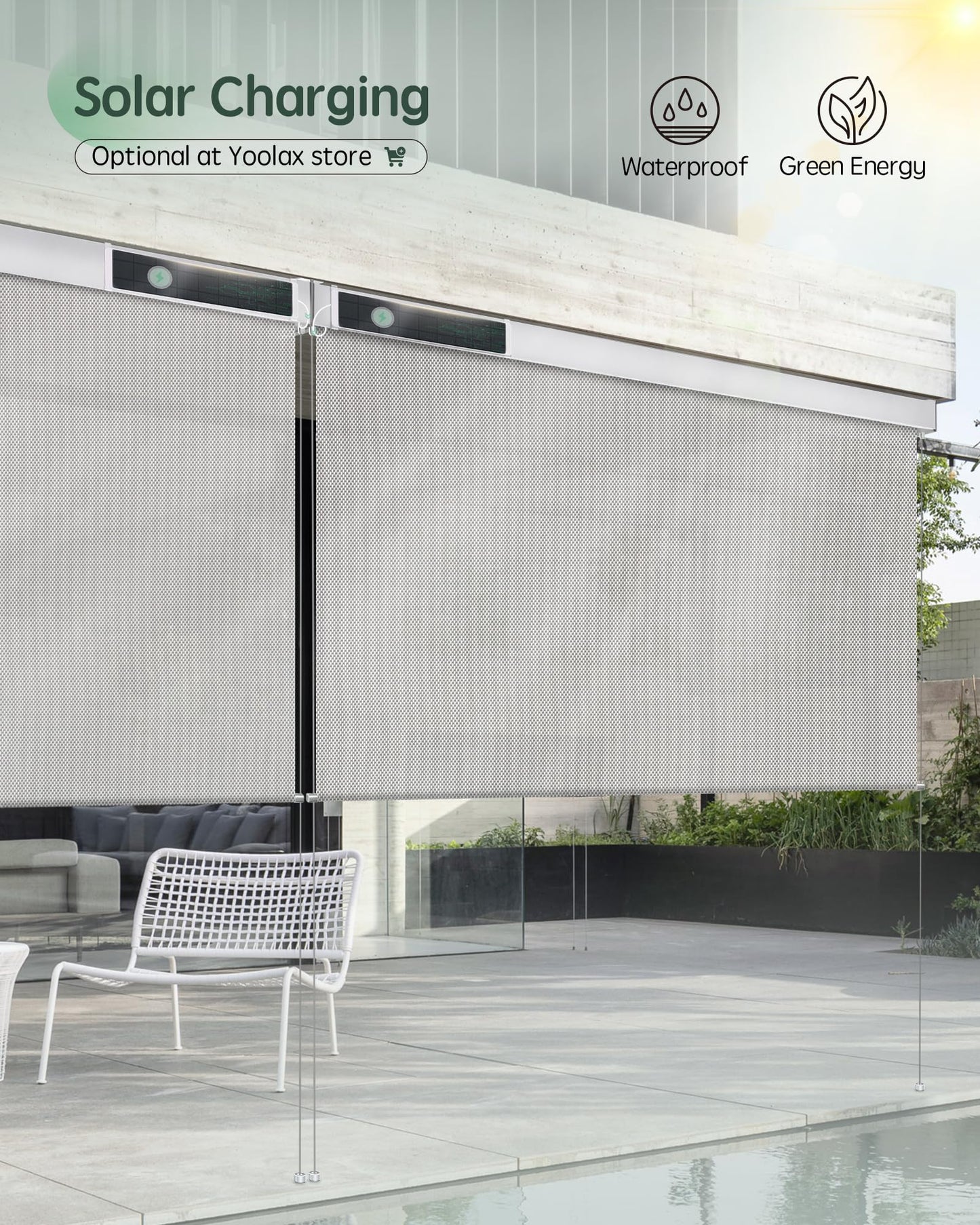 Yoolax Motorized Outdoor Shades Smart Retractable Patio Screens with App & Remote Control, Electric Blinds for Porch Patio Waterproof Roller Shades 7X8ft (3% Openness Paine Grey)