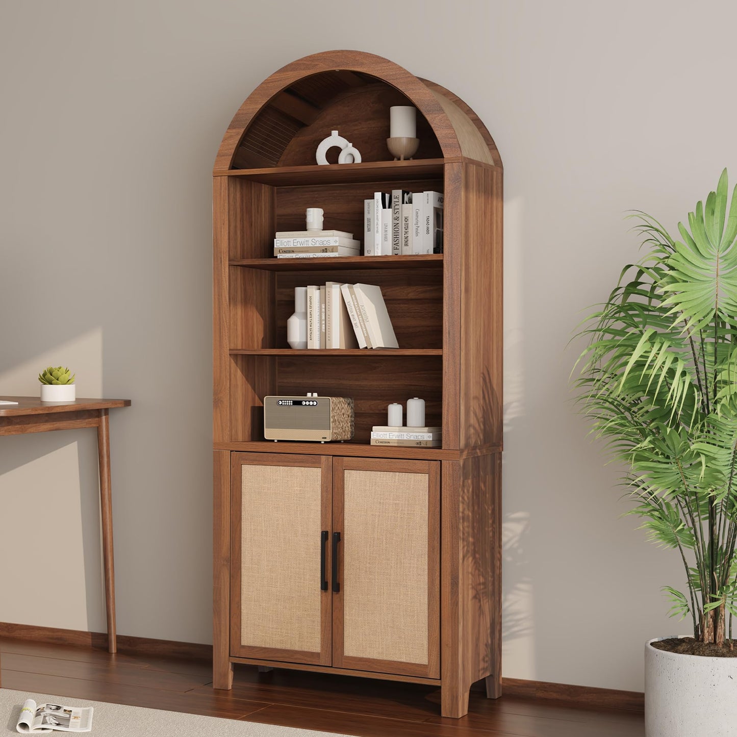Janmer Home 71" Tall Arched Bookcase with Storage, Mid-Century Modern 6-Tier Cabinet with Door, Arched Bookshelf Cabinet with Open Display Storage Shelf for Office Living Room (Walnut)
