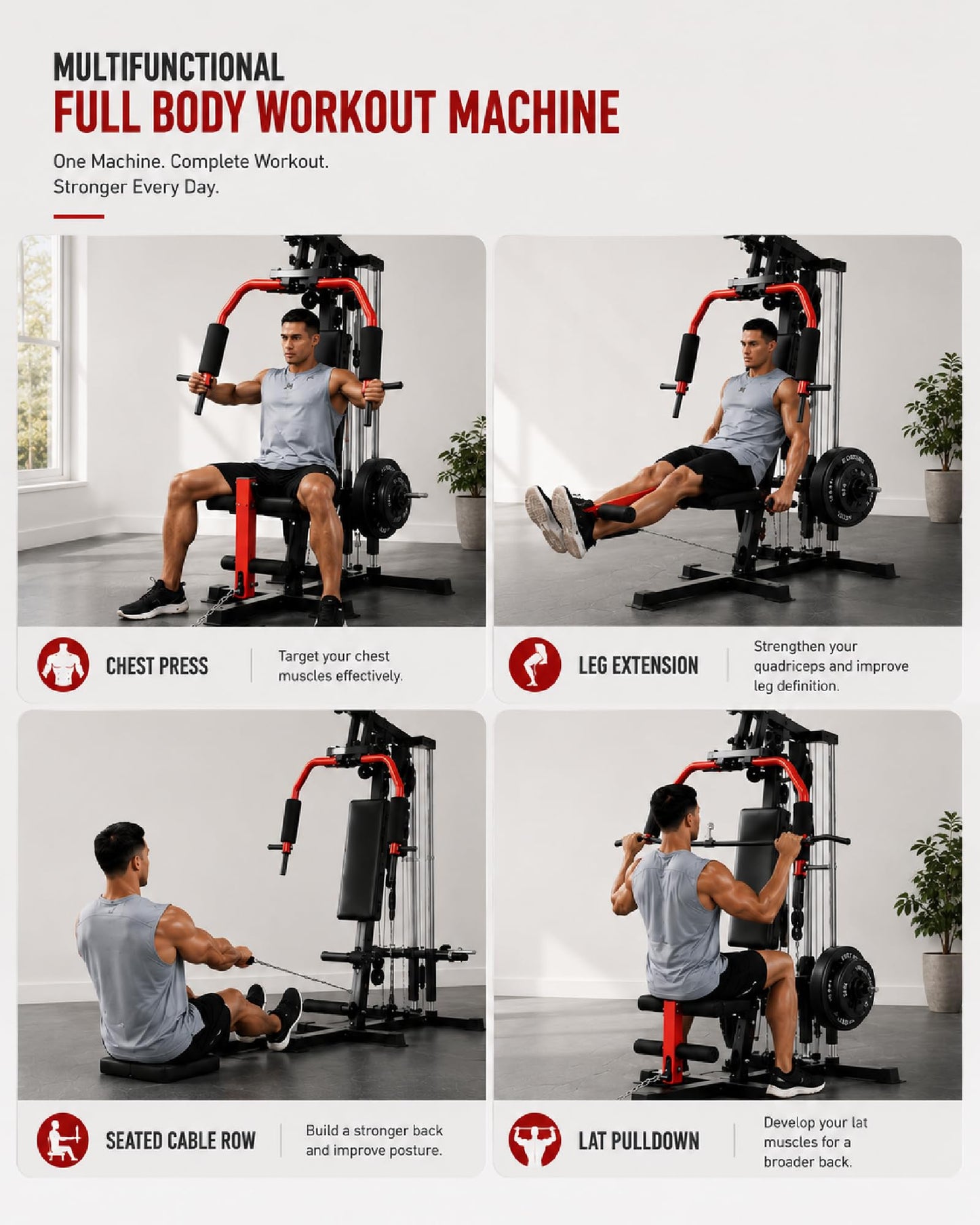 Home Gym Machine, Multifunctional Workout Equipment for Strength Training, Full Body Home Gym with Chest Press, LAT Pulldown, Leg Extension & Cable System