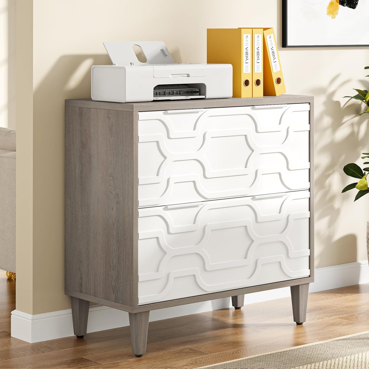 LITTLE TREE 2-Drawer File Cabinet, Lateral Filing Cabinet for A4/Letter/Legal Size, Office Storage Cabinet, Printer Stand with Storage Drawer for Home Office, White