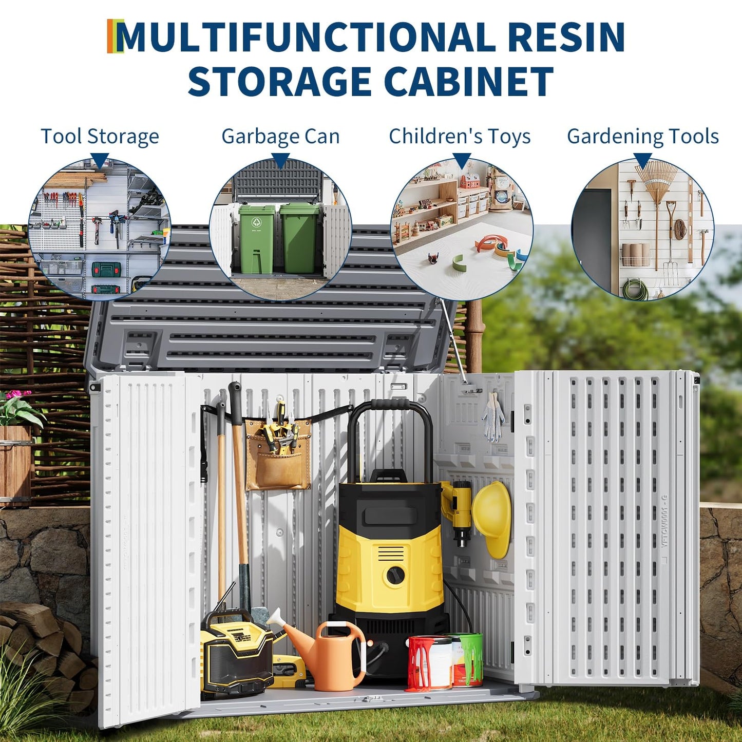35Cu ft Outdoor Resin Storage Cabinet, Outdoor Trash Can Storage Waterproof, Outdoor Resin Storage Box for Patio Tools, Sofa Cushion, Lawn Mower and Garbage Cans